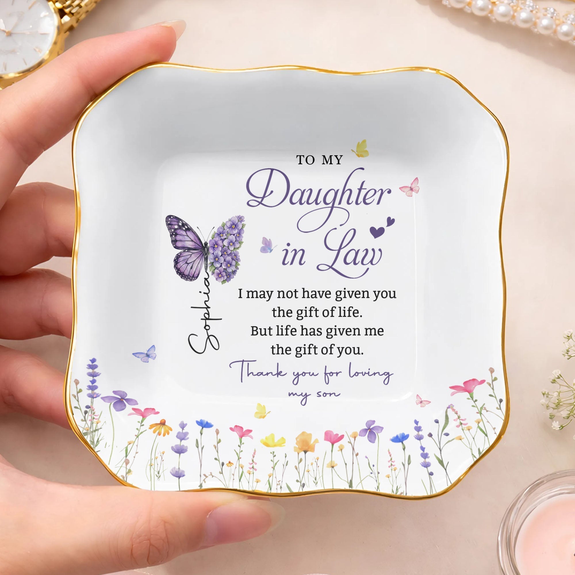 Personalized Lace Jewelry Dish Butterfly Design Gift for Daughter-in-Law