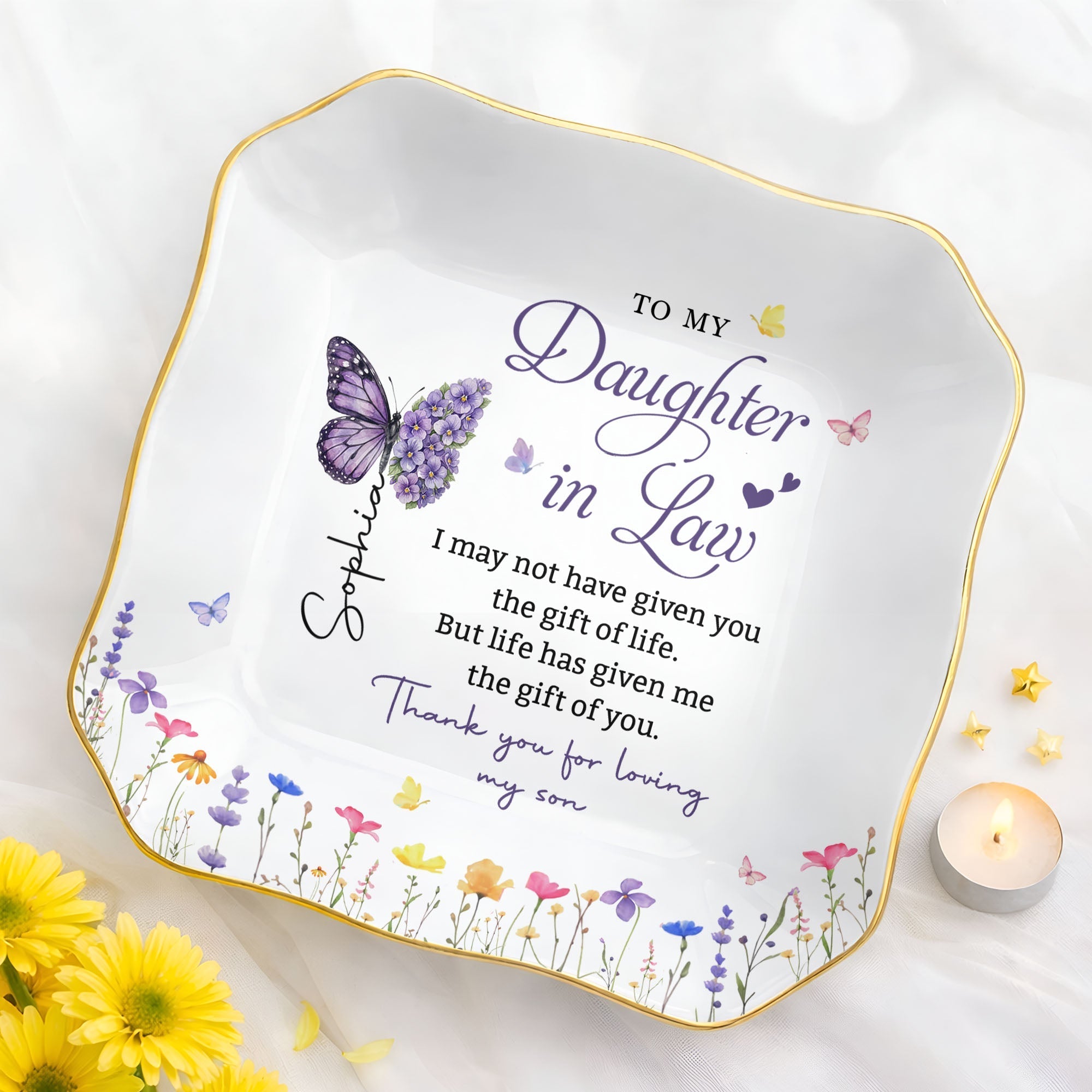 Personalized Lace Jewelry Dish Butterfly Design Gift for Daughter-in-Law