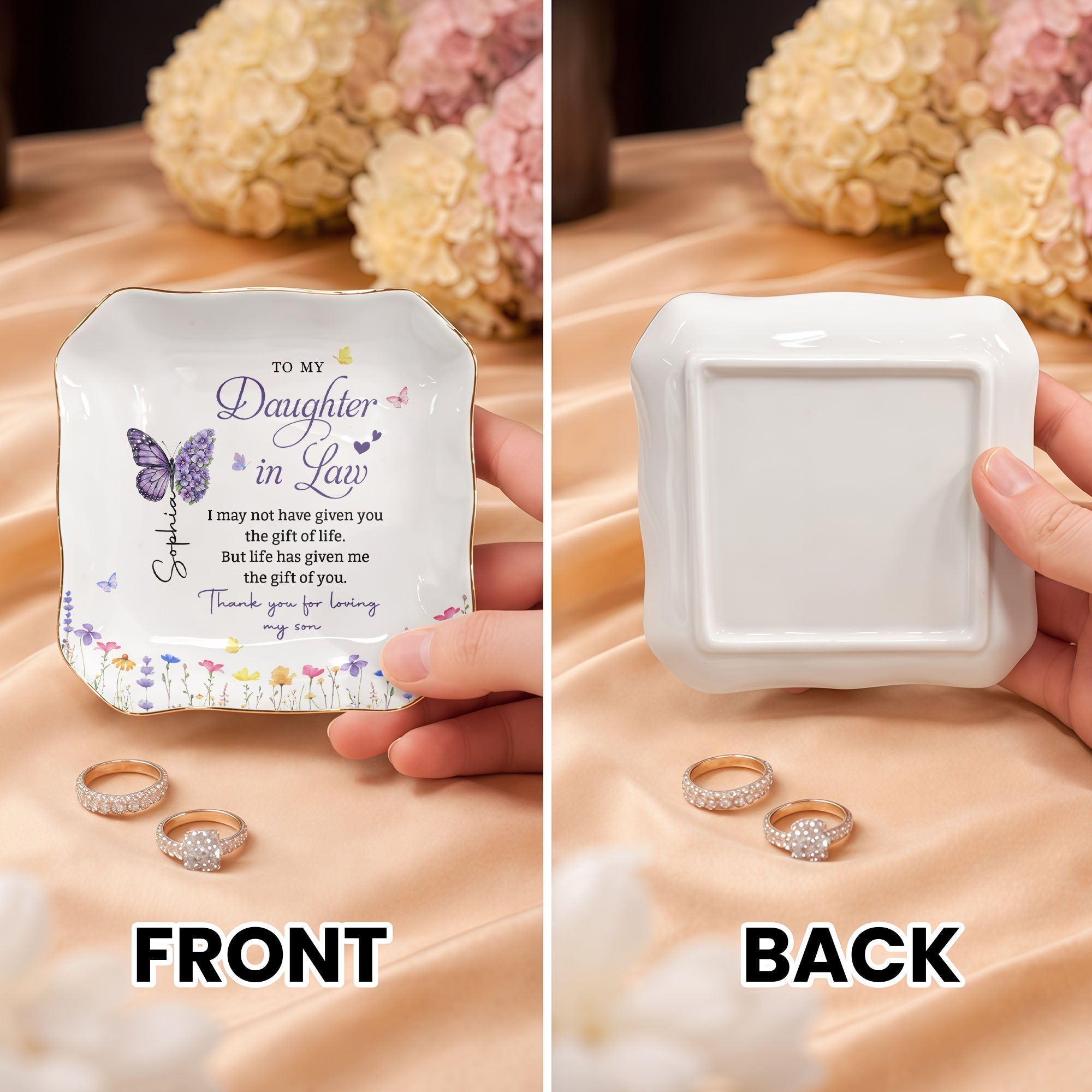 Personalized Lace Jewelry Dish Butterfly Design Gift for Daughter-in-Law