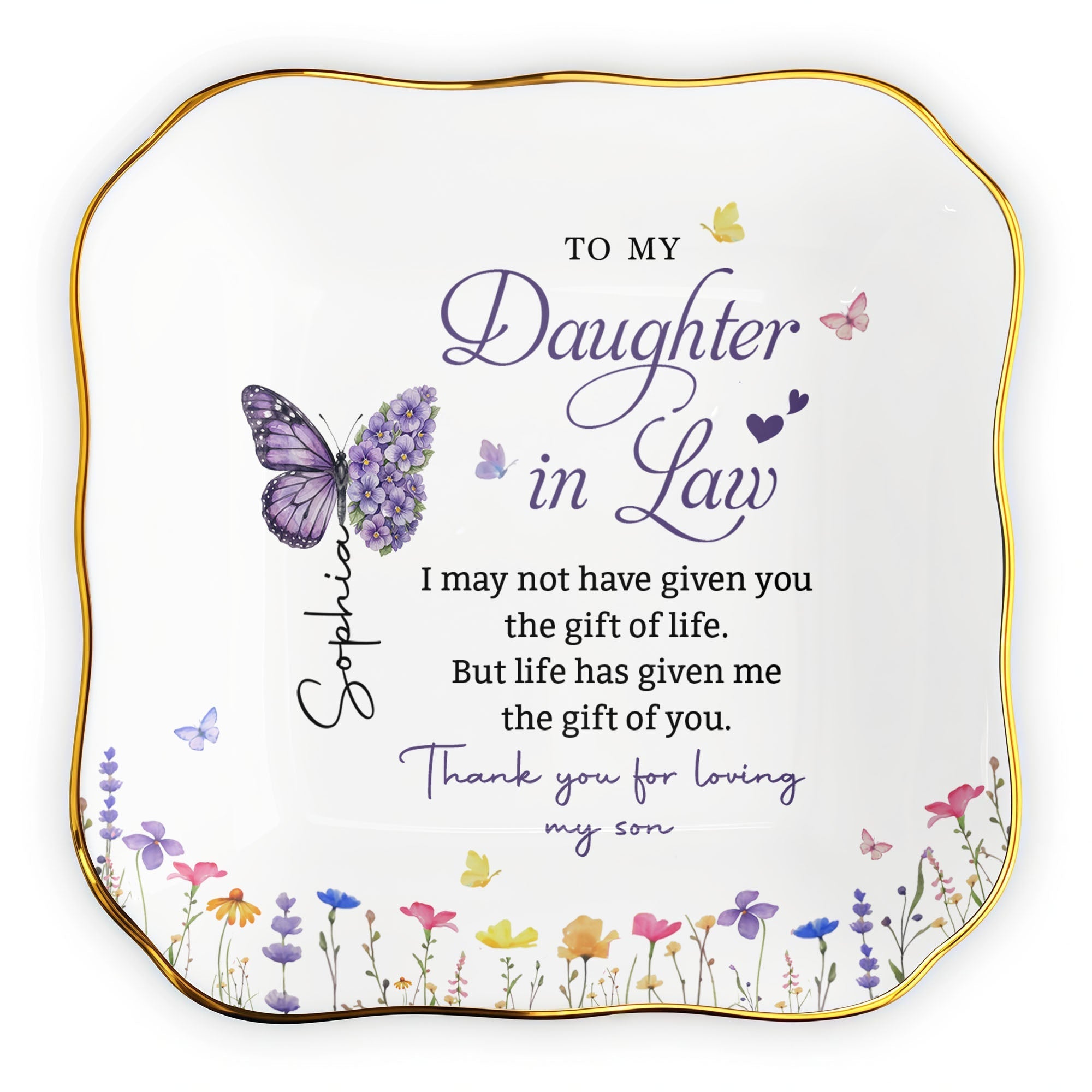 Personalized Lace Jewelry Dish Butterfly Design Gift for Daughter-in-Law
