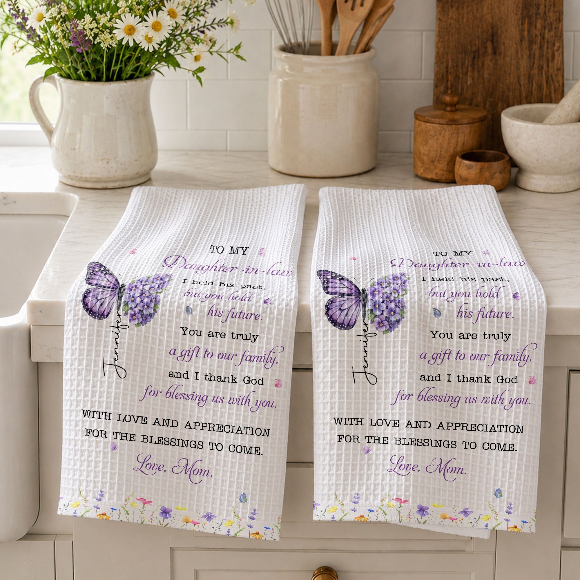Personalized Floral Kitchen Towel Gift for Daughter-in-Law