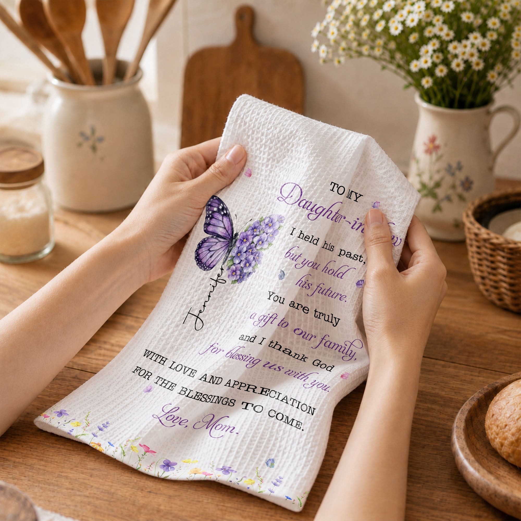 Personalized Floral Kitchen Towel Gift for Daughter-in-Law