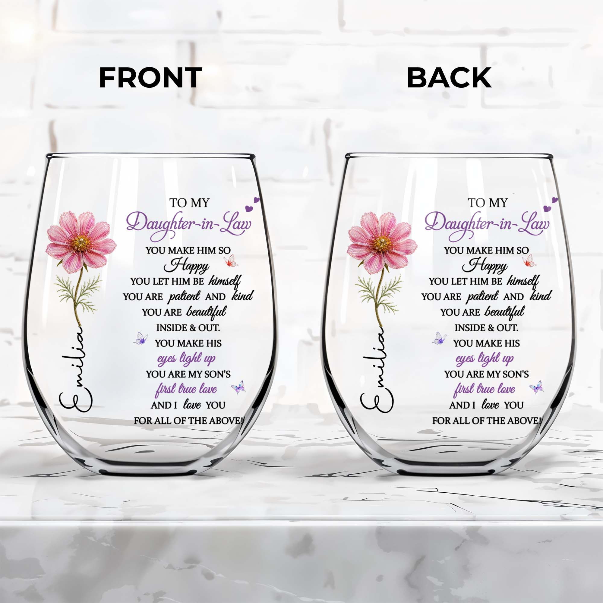 Personalized Stemless Wine Glass Birth Month Flower Gift for Daughter-in-Law
