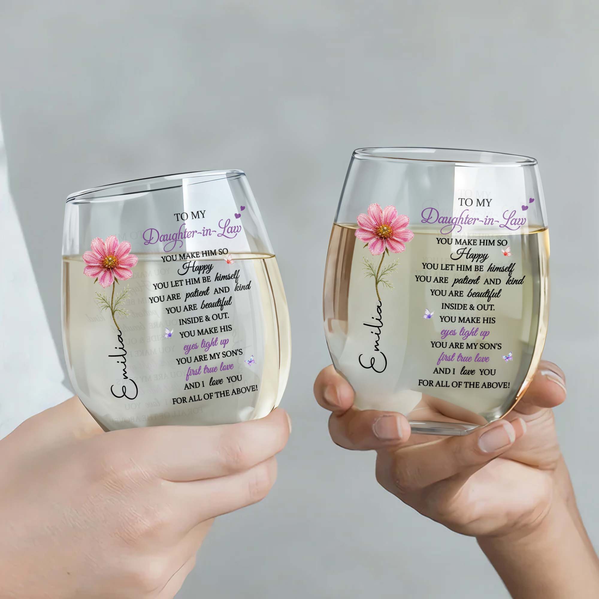 Personalized Stemless Wine Glass Birth Month Flower Gift for Daughter-in-Law