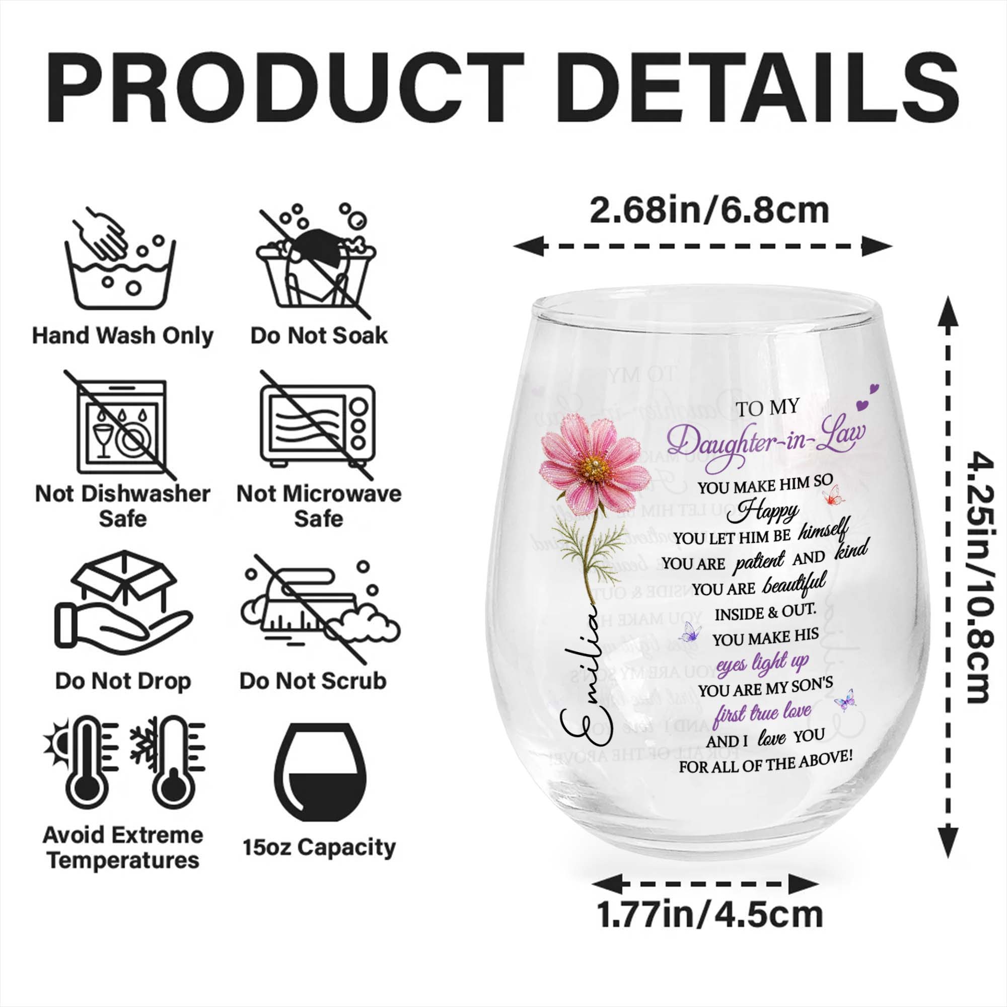 Personalized Stemless Wine Glass Birth Month Flower Gift for Daughter-in-Law