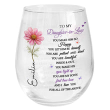 Load image into Gallery viewer, Personalized Stemless Wine Glass Birth Month Flower Gift for Daughter-in-Law

