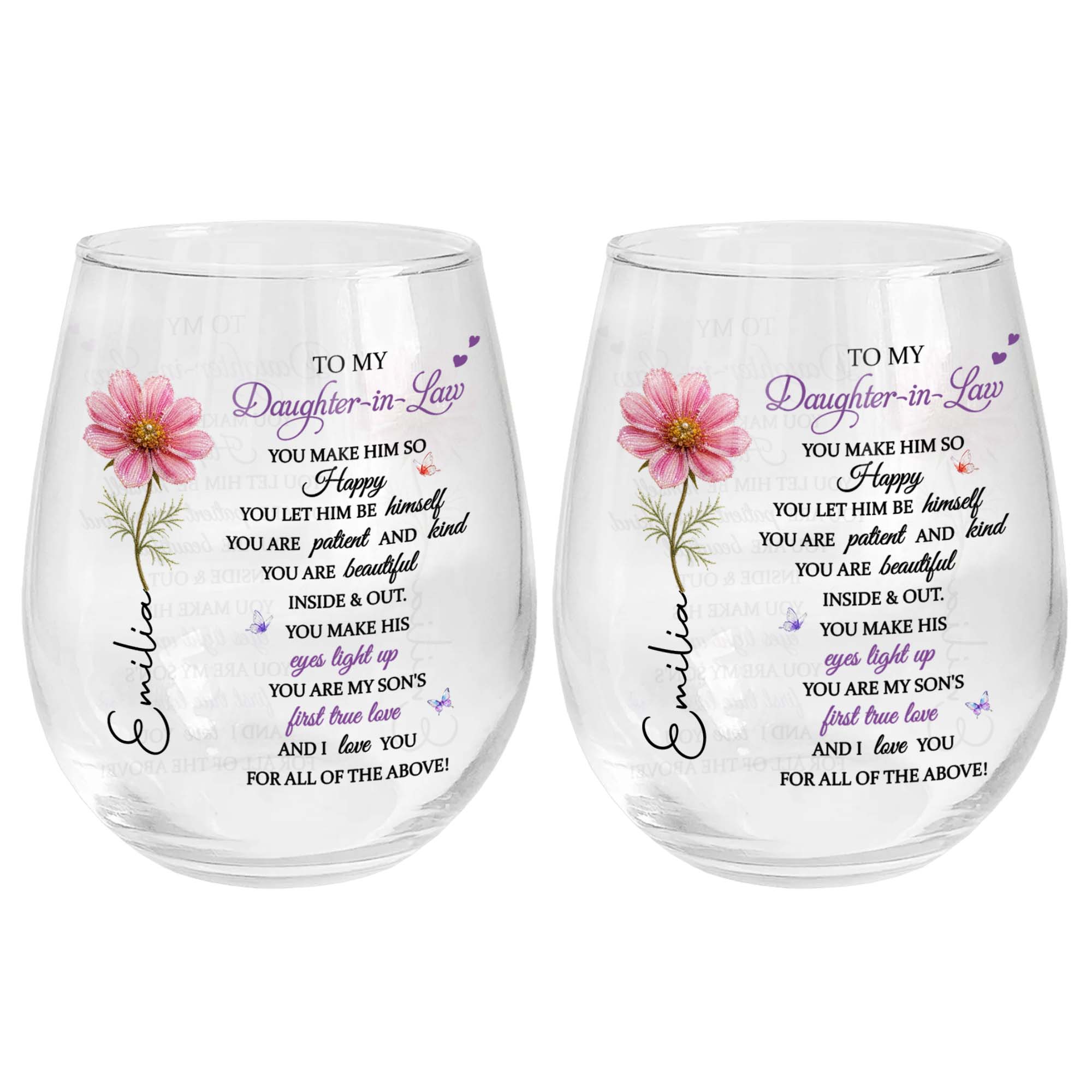 Personalized Stemless Wine Glass Birth Month Flower Gift for Daughter-in-Law