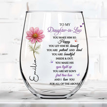 Load image into Gallery viewer, Personalized Stemless Wine Glass Birth Month Flower Gift for Daughter-in-Law
