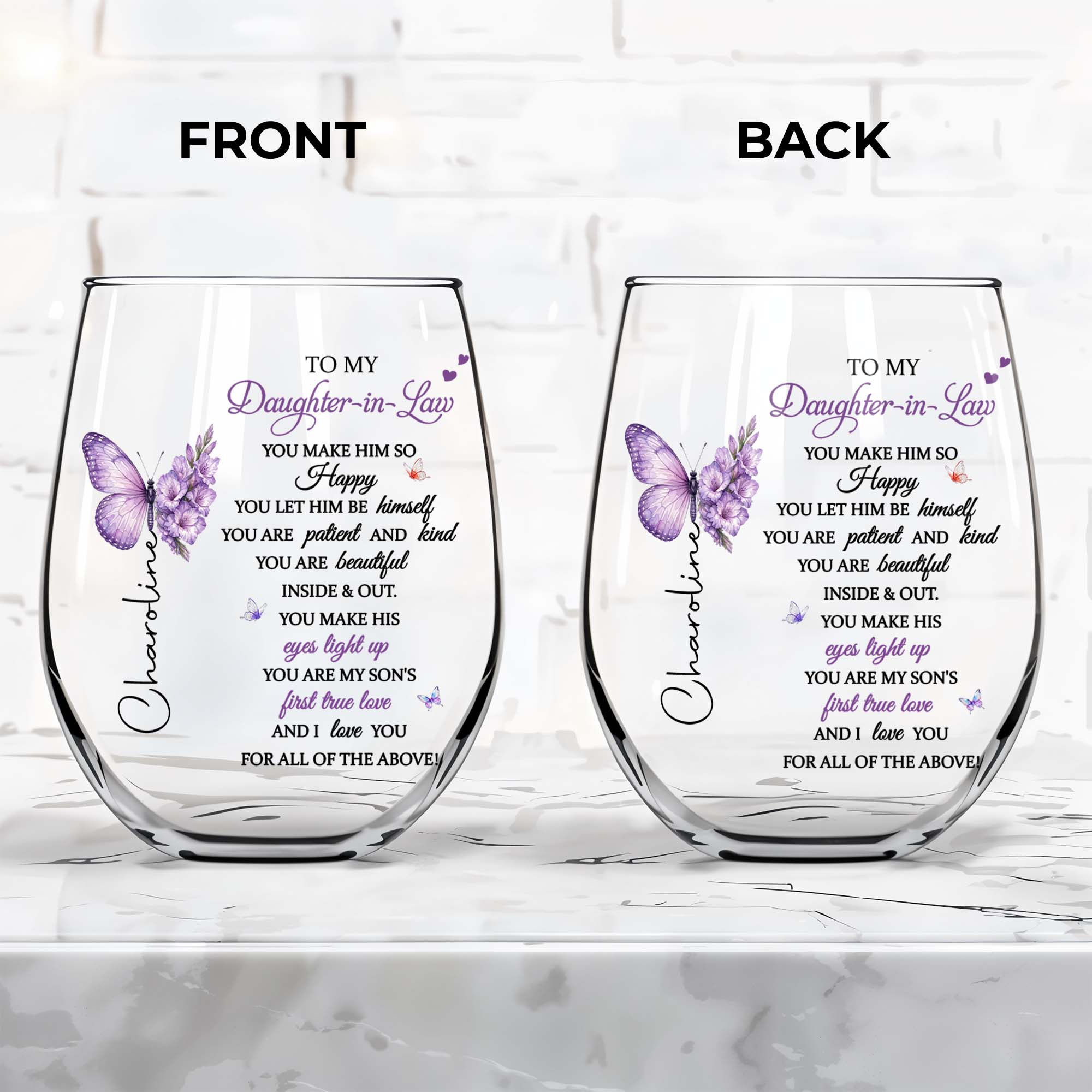 Personalized Stemless Wine Glass Custom Name Gift for Daughter-in-Law
