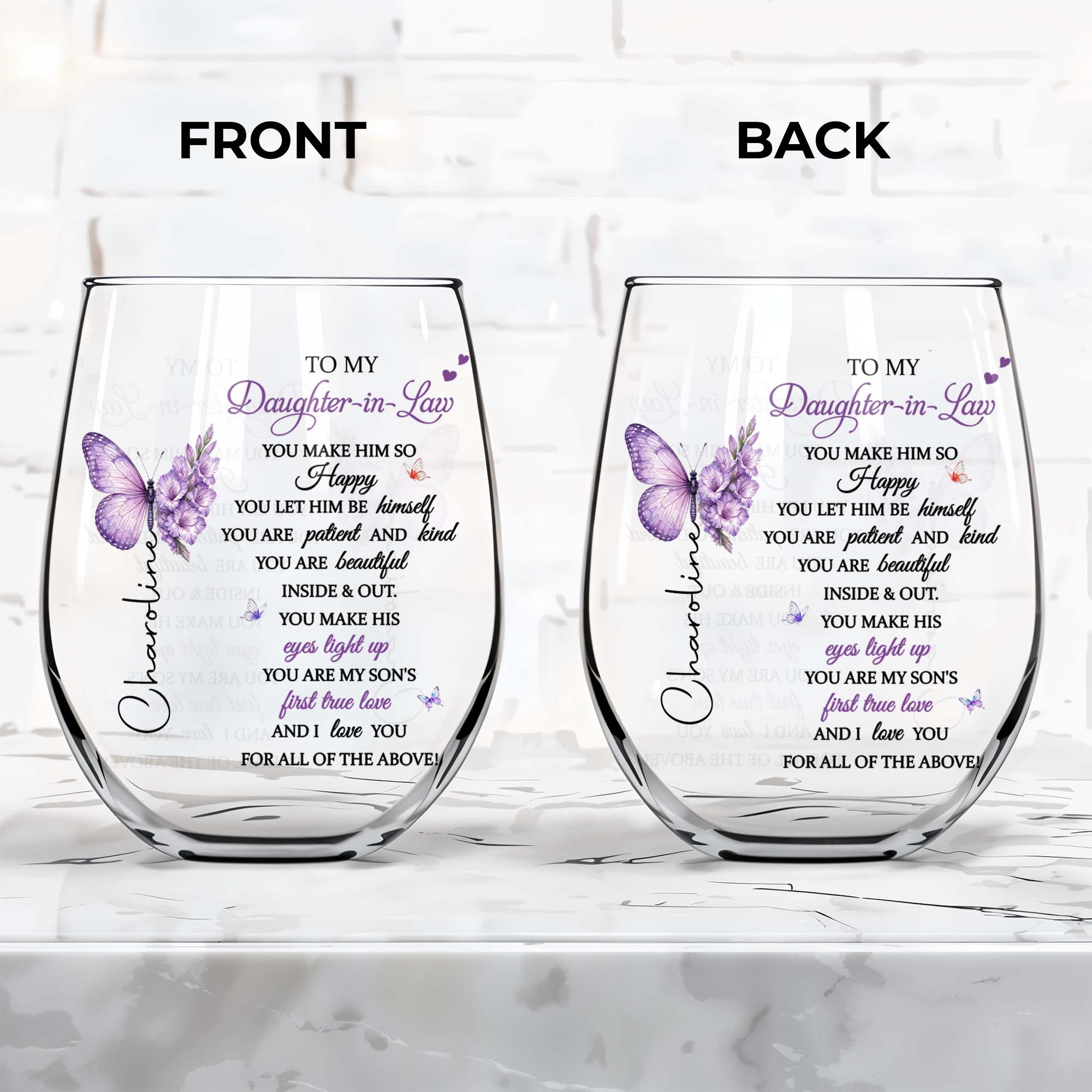 Personalized Stemless Wine Glass Custom Name Gift for Daughter-in-Law