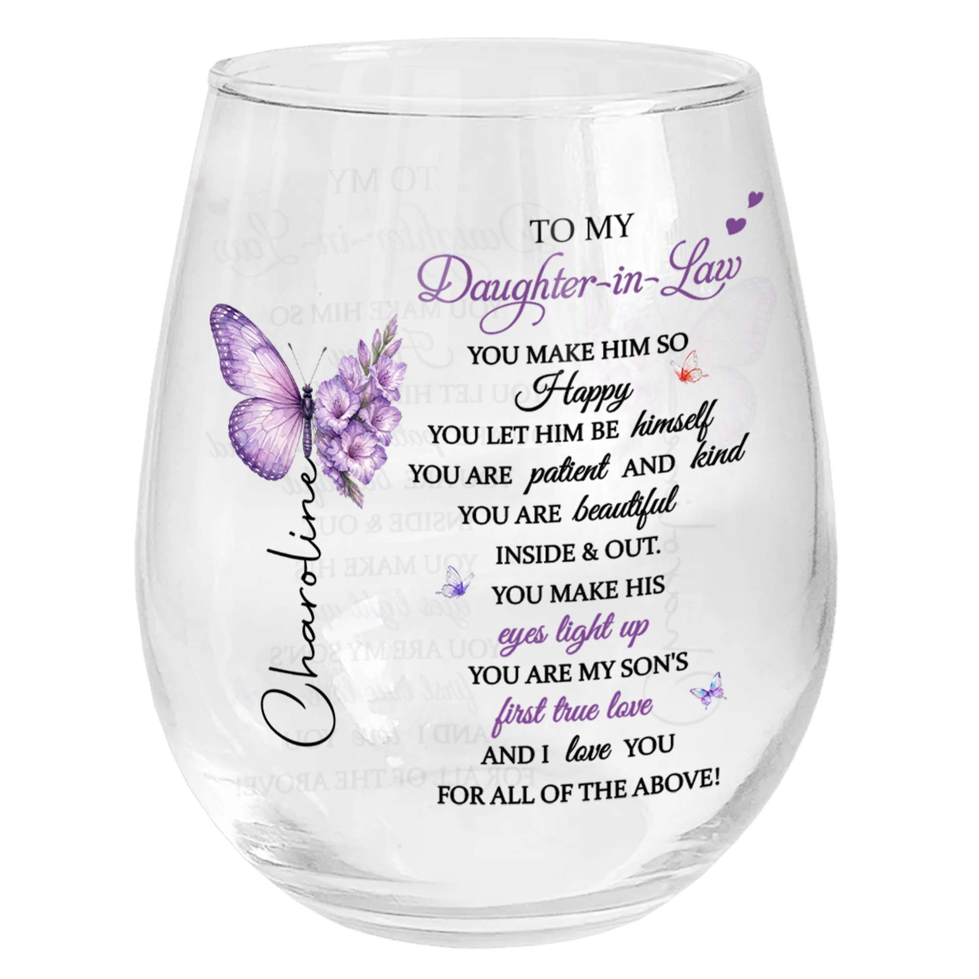 Personalized Stemless Wine Glass Custom Name Gift for Daughter-in-Law