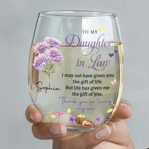 Personalized Stemless Wine Glass Custom Birth Month Flowers Gift for Daughter-in-Law