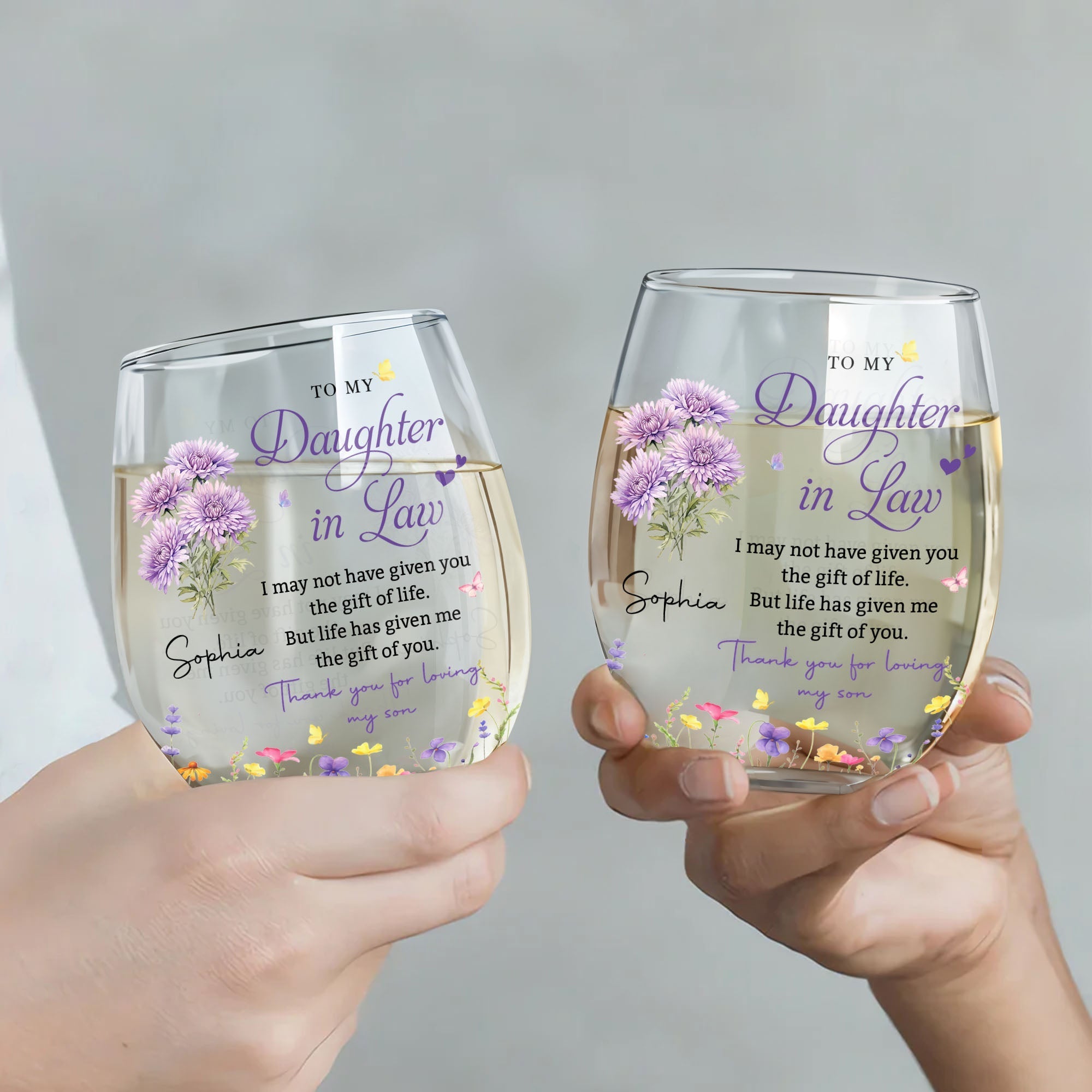 Personalized Stemless Wine Glass Custom Birth Month Flowers Gift for Daughter-in-Law