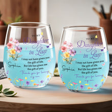 Load image into Gallery viewer, Personalized Stemless Wine Glass Custom Birth Month Flowers Gift for Daughter-in-Law
