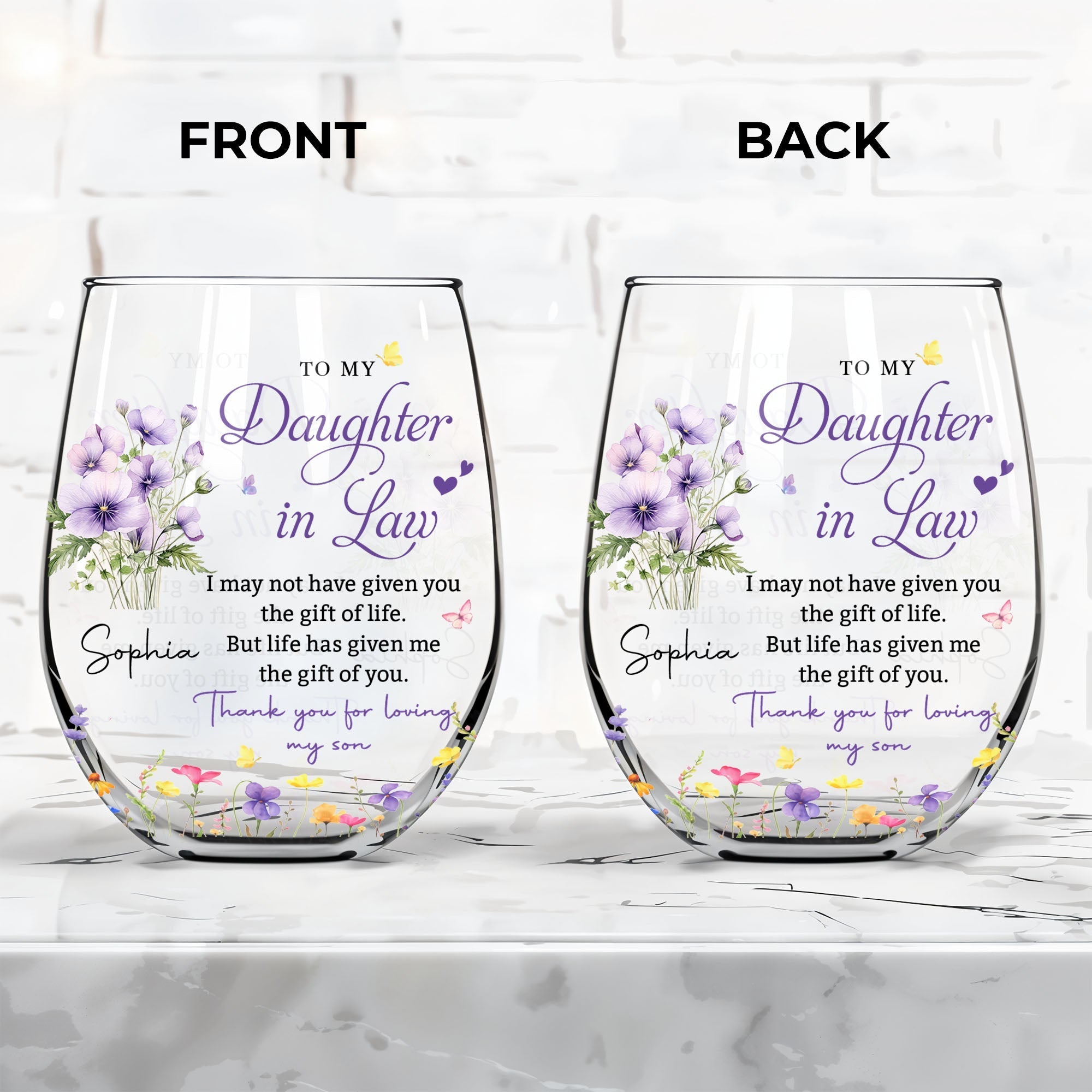 Personalized Stemless Wine Glass Custom Birth Month Flowers Gift for Daughter-in-Law