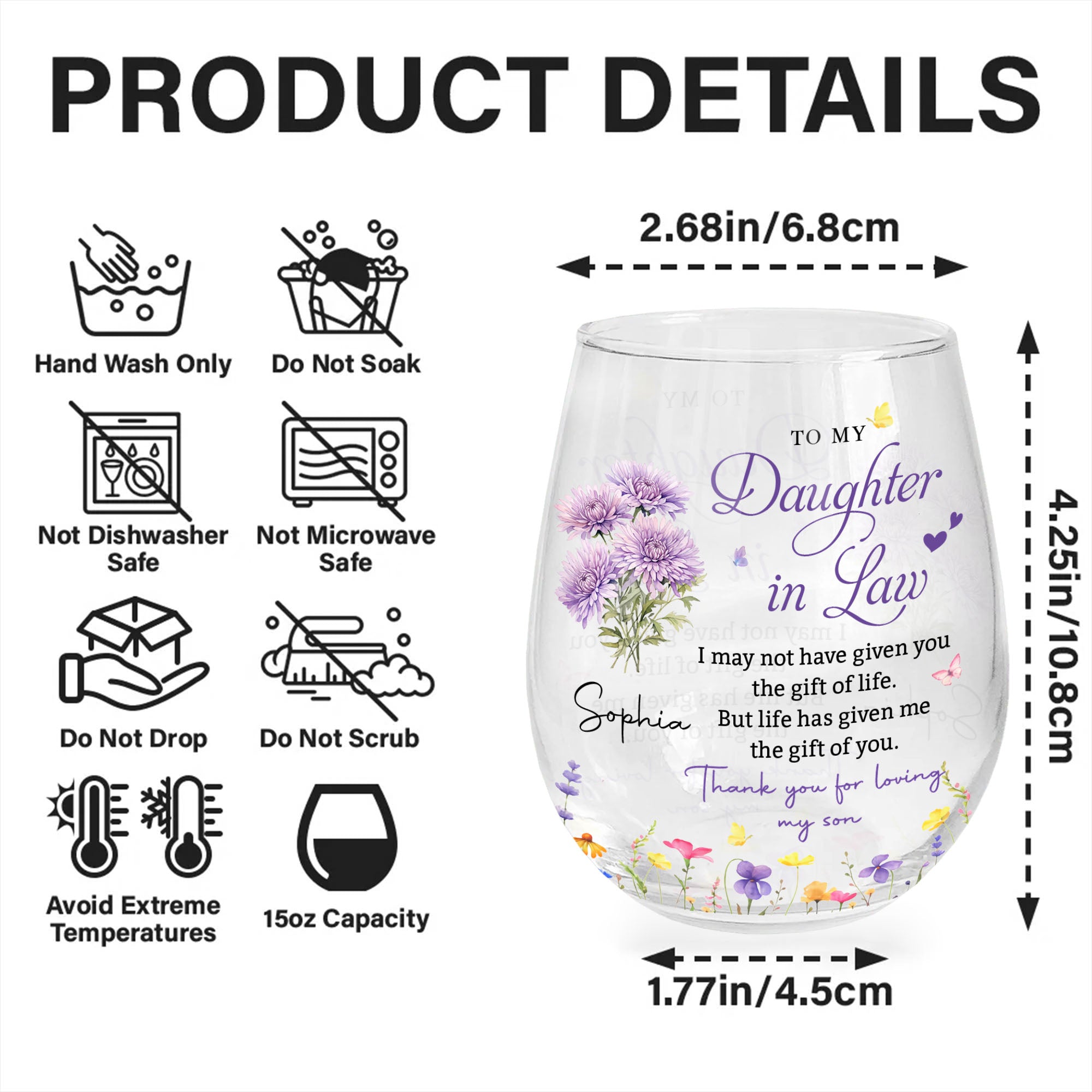 Personalized Stemless Wine Glass Custom Birth Month Flowers Gift for Daughter-in-Law