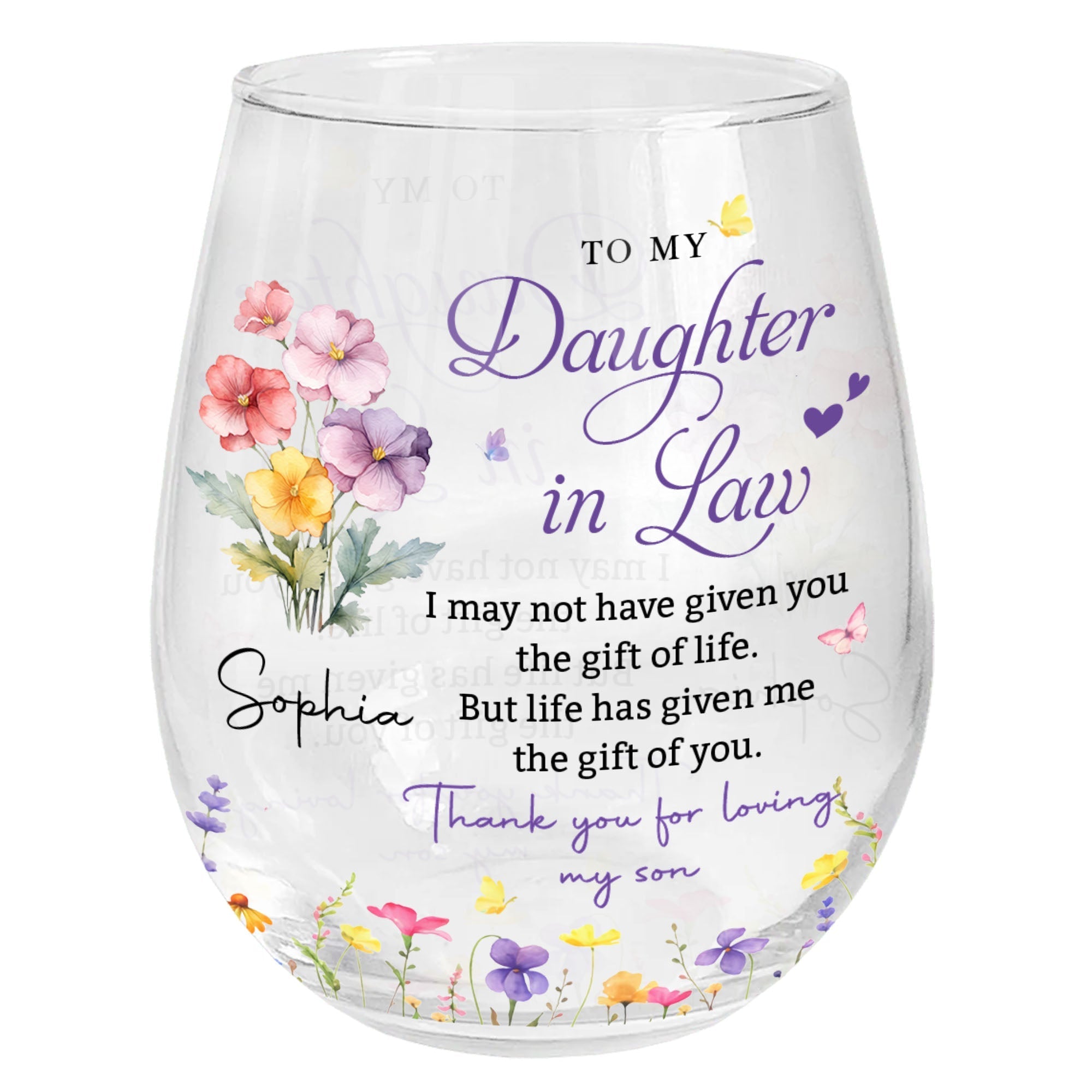 Personalized Stemless Wine Glass Custom Birth Month Flowers Gift for Daughter-in-Law