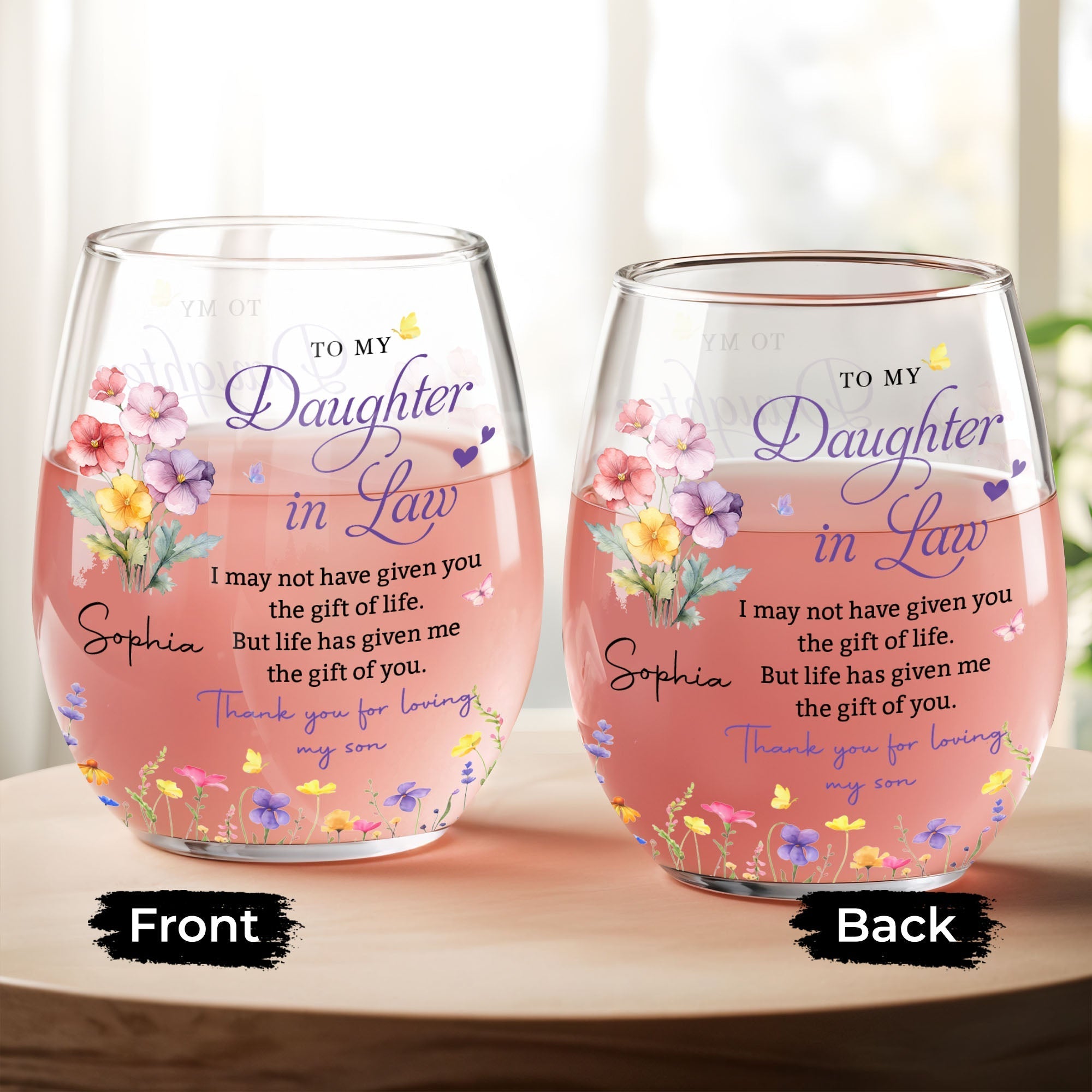 Personalized Stemless Wine Glass Custom Birth Month Flowers Gift for Daughter-in-Law