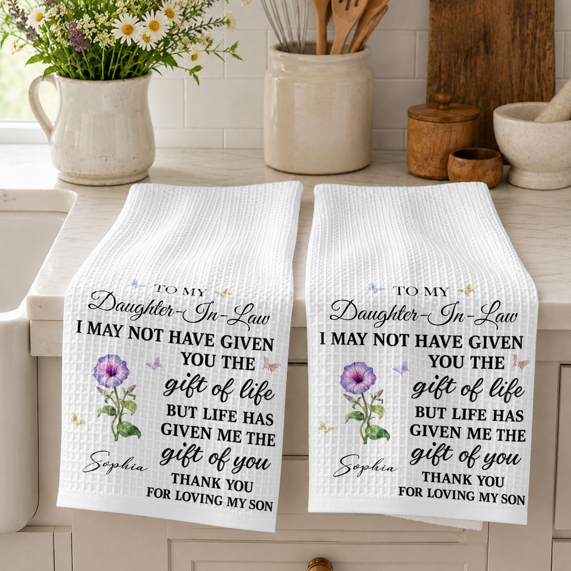 Personalized Kitchen Towel Custom Flower Design Gift for Daughter-in-Law