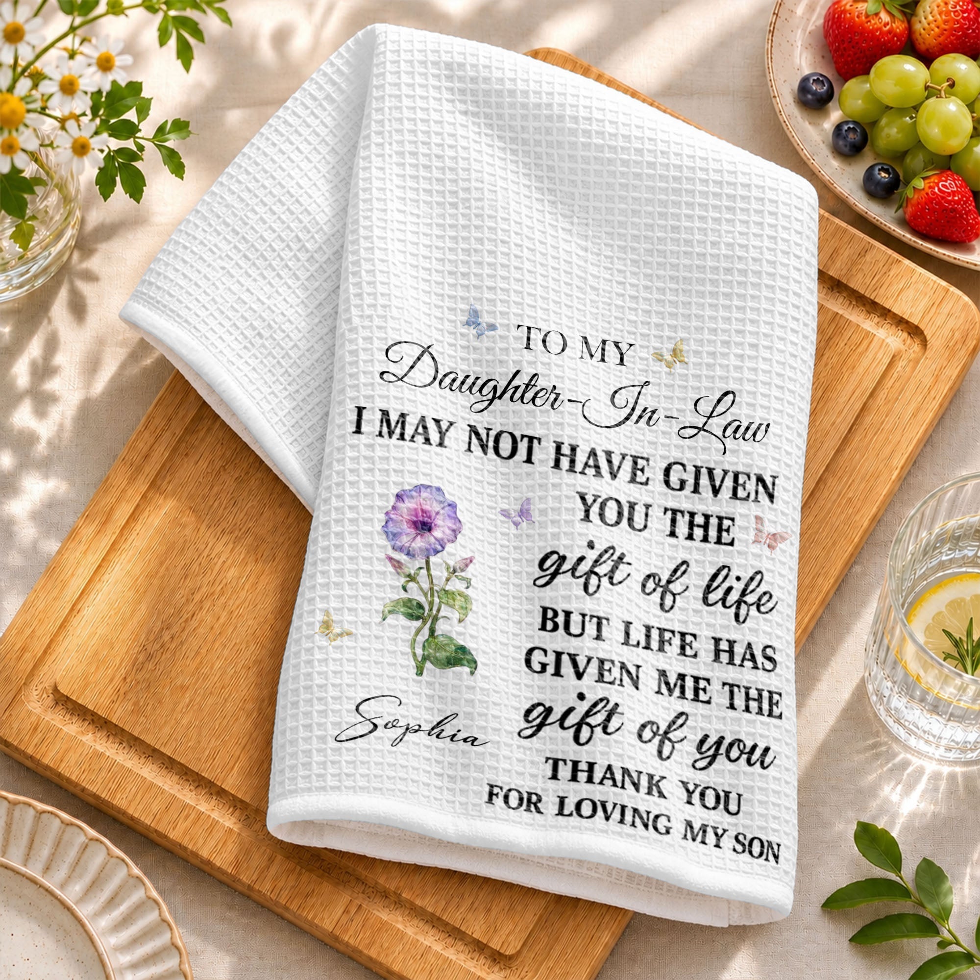 Personalized Kitchen Towel Custom Flower Design Gift for Daughter-in-Law