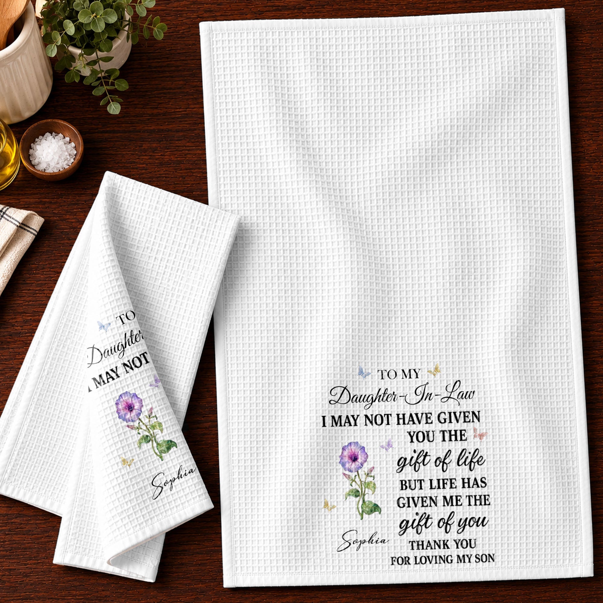 Personalized Kitchen Towel Custom Flower Design Gift for Daughter-in-Law