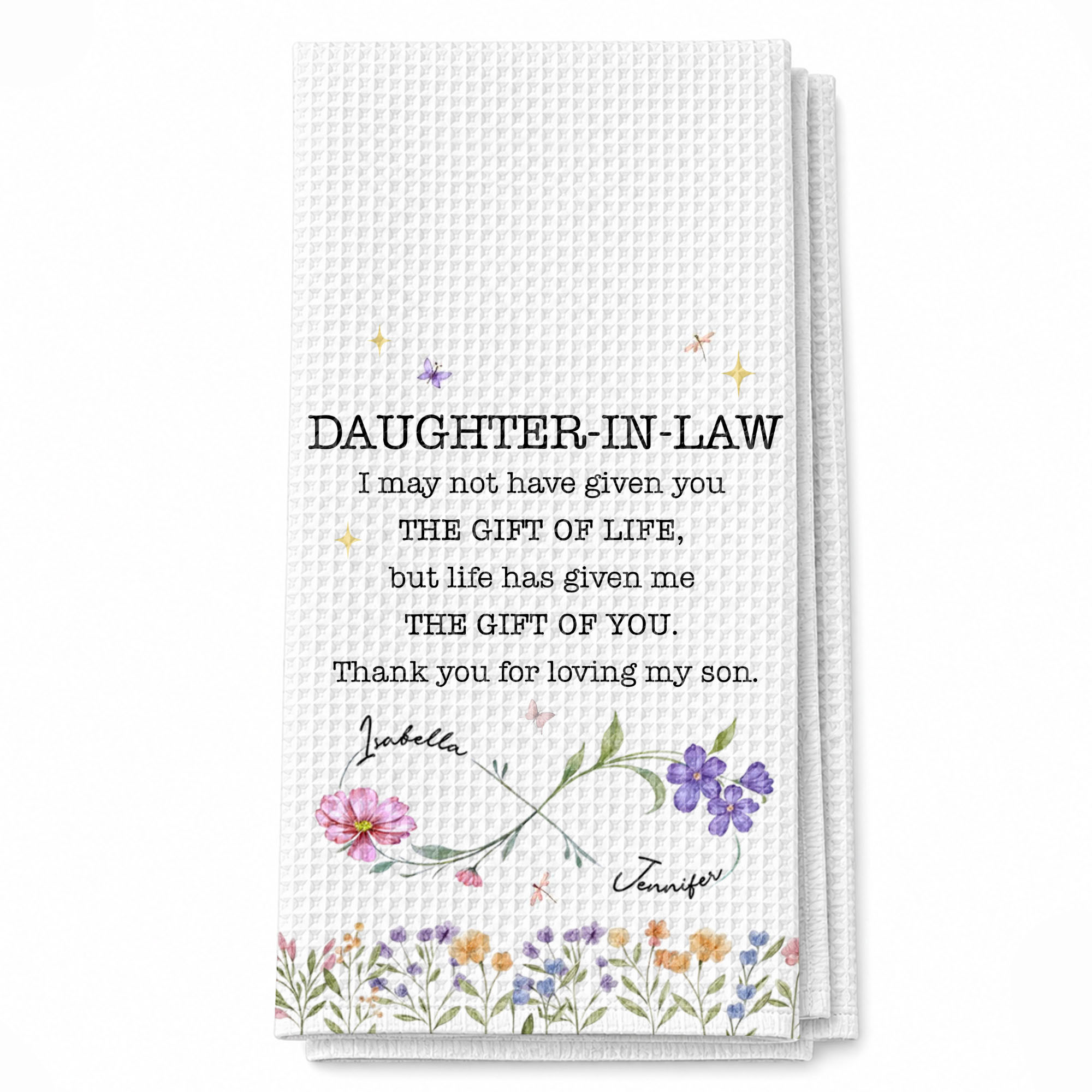 Personalized Kitchen Towel for Daughter-In-Law Gift with Infinity Flowers