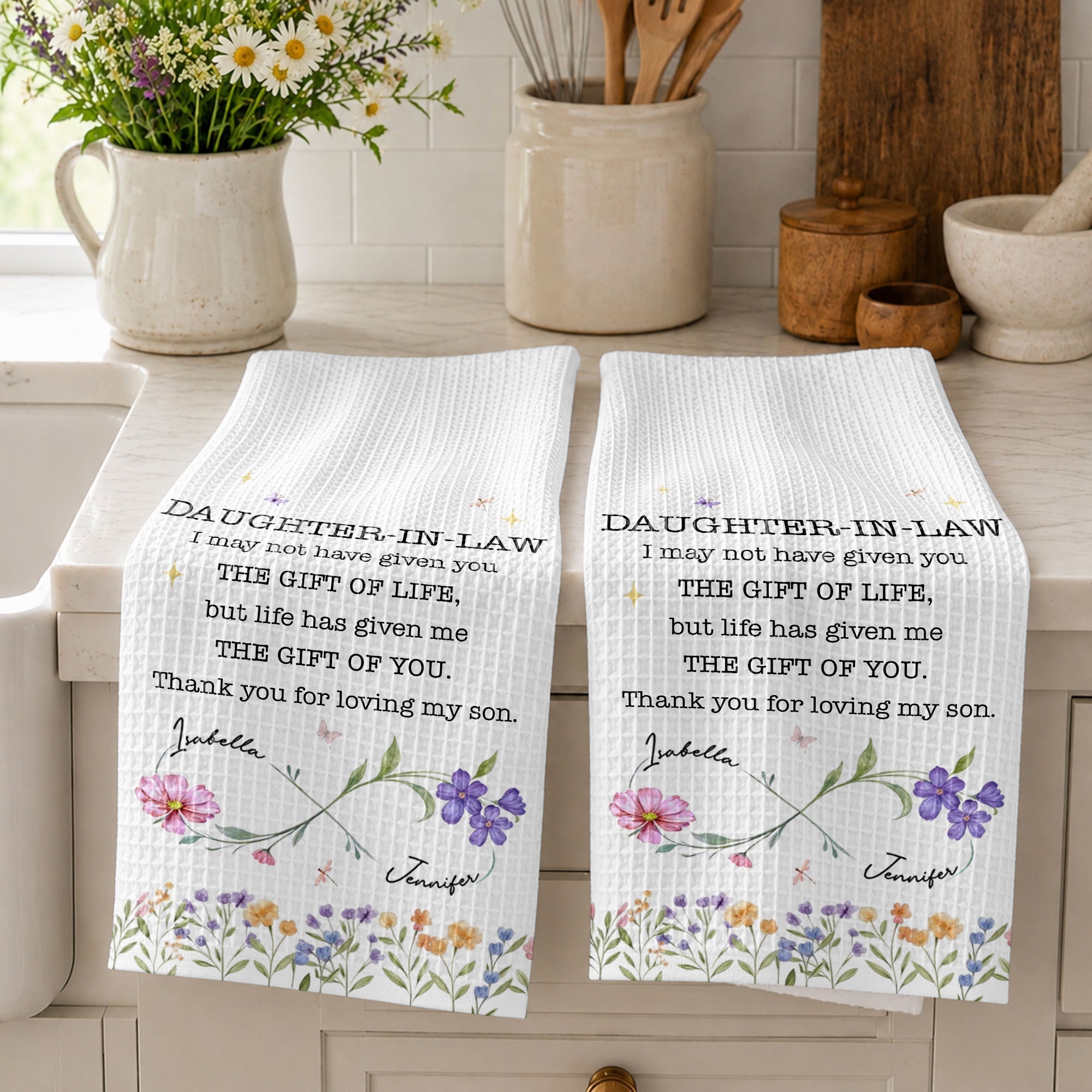 Personalized Kitchen Towel for Daughter-In-Law Gift with Infinity Flowers