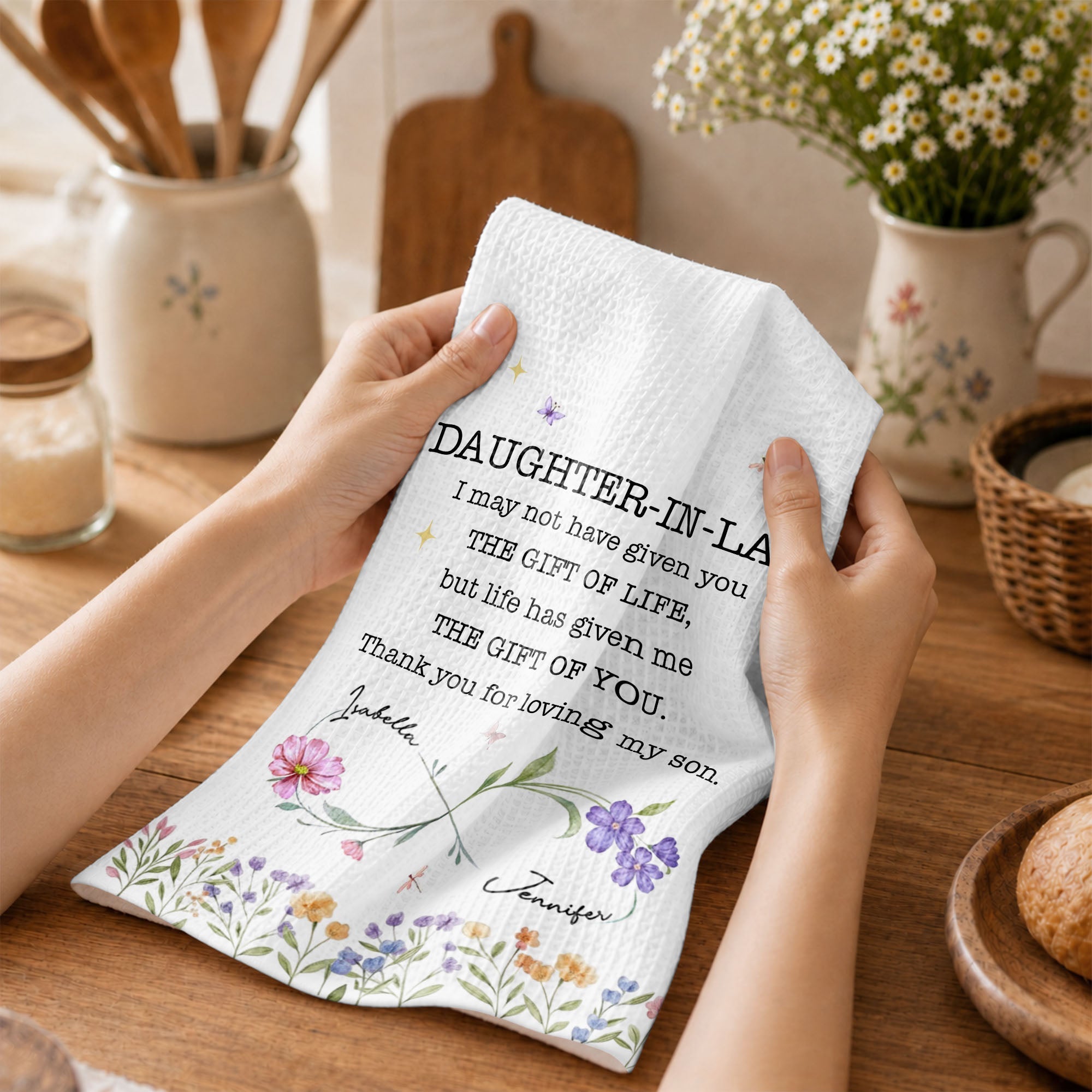 Personalized Kitchen Towel for Daughter-In-Law Gift with Infinity Flowers