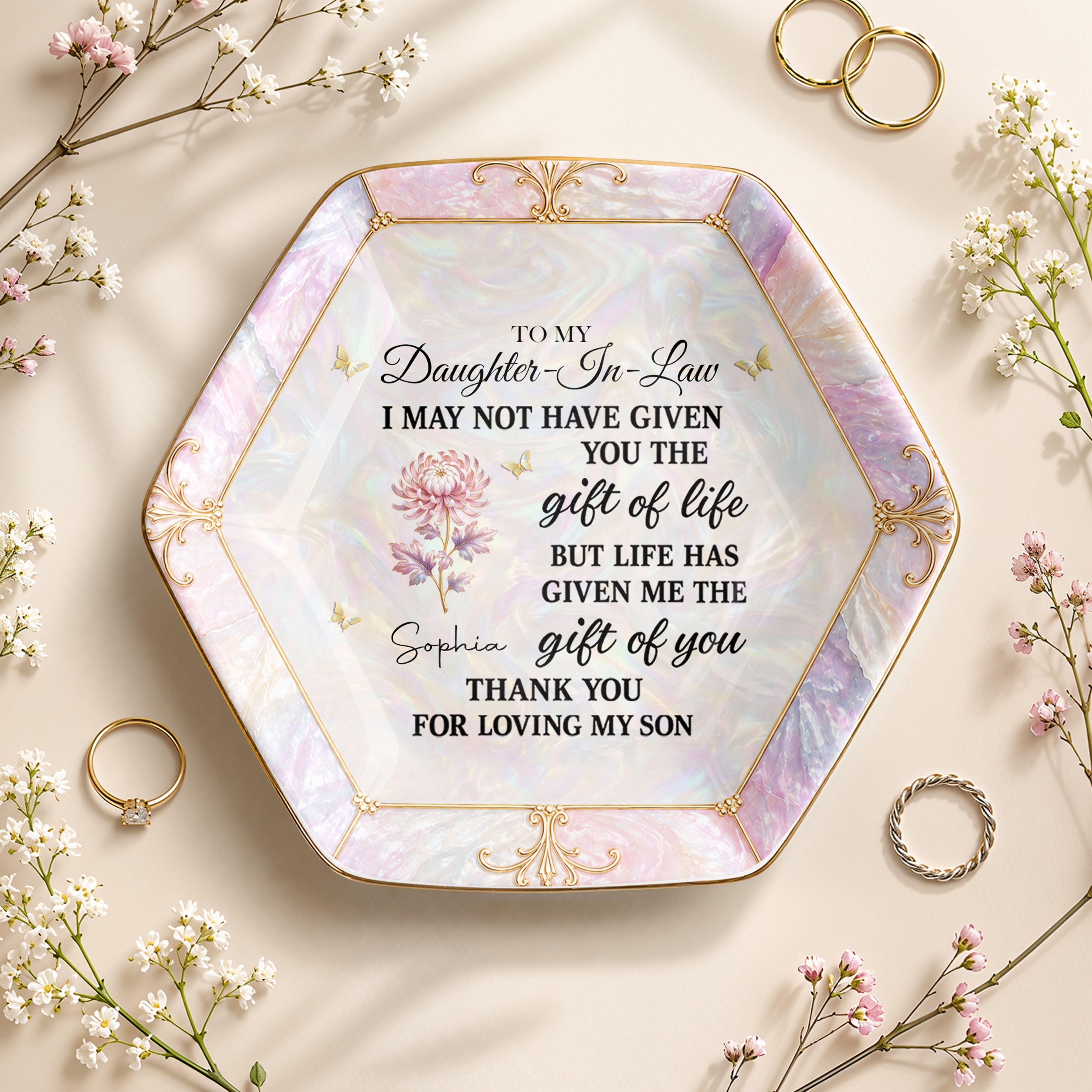 Personalized Hexagonal Ceramic Jewelry Dish Gift for Daughter-In-Law