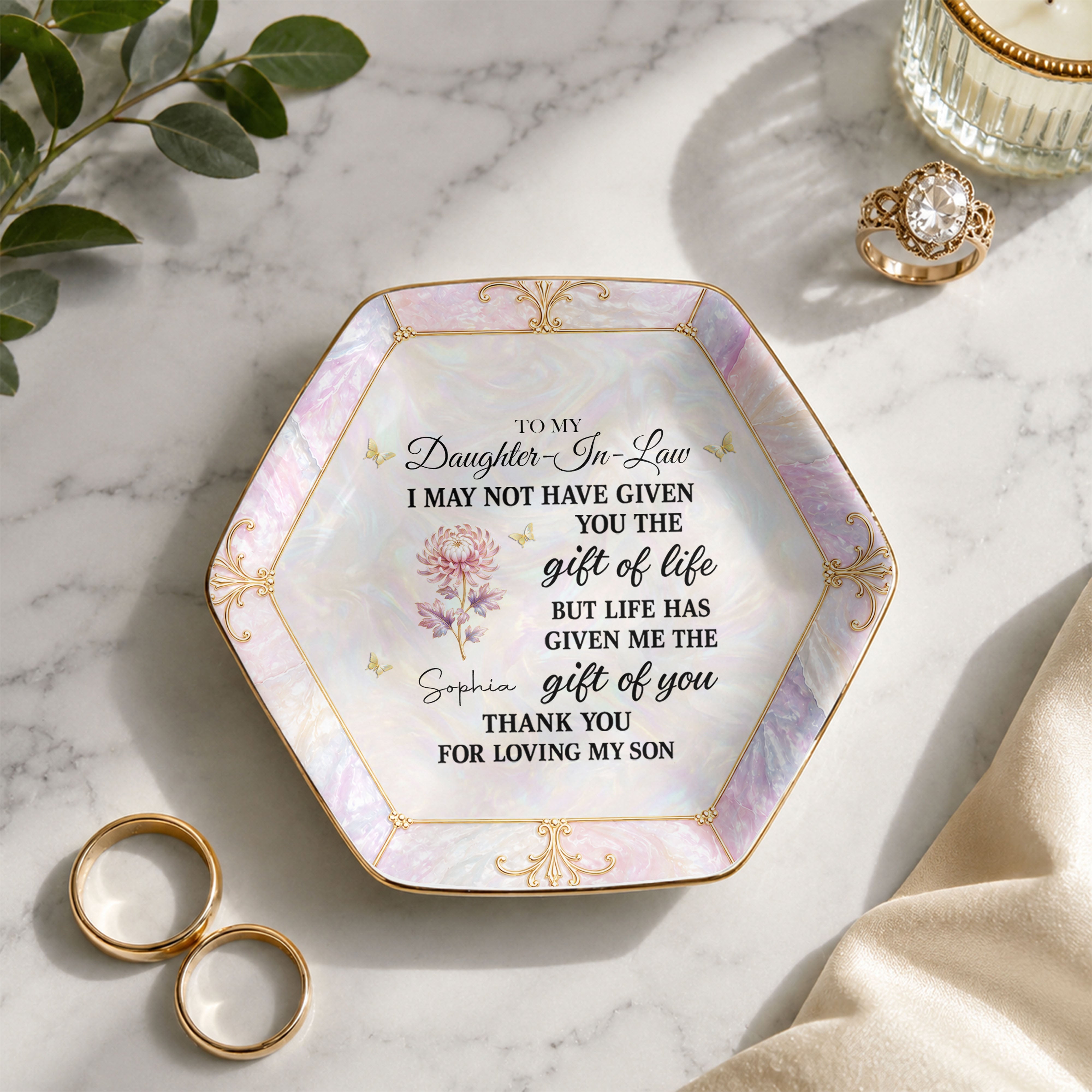 Personalized Hexagonal Ceramic Jewelry Dish Gift for Daughter-In-Law