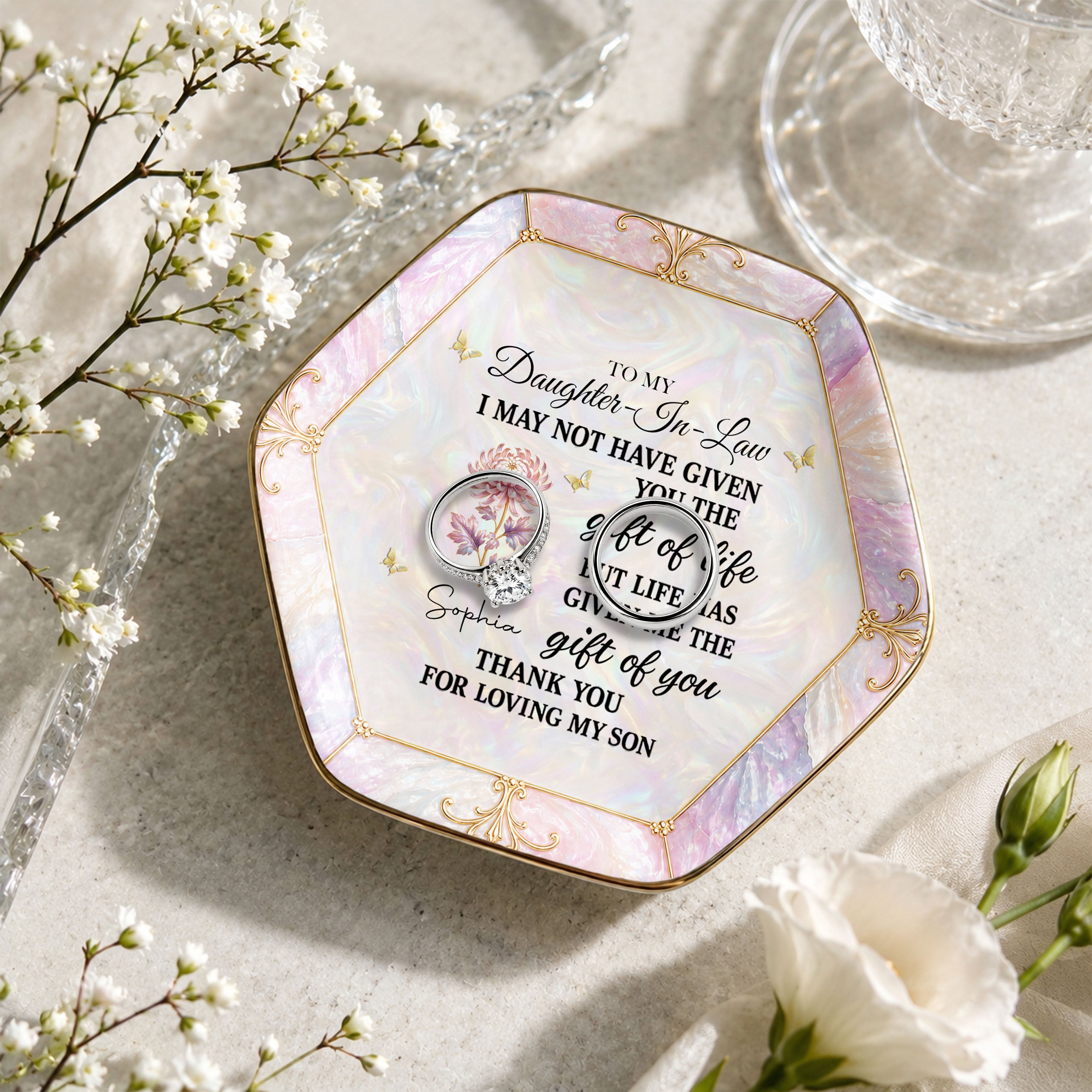 Personalized Hexagonal Ceramic Jewelry Dish Gift for Daughter-In-Law