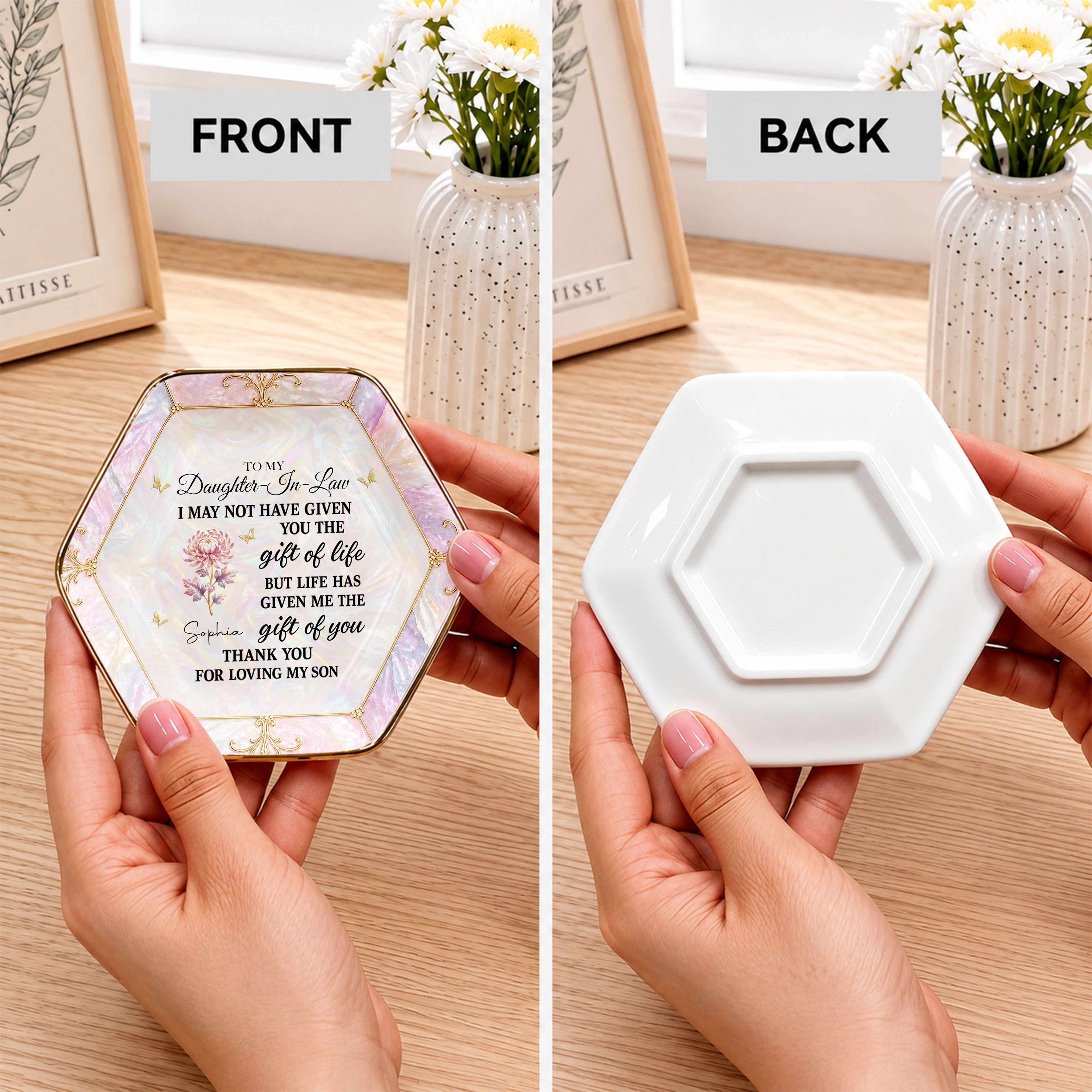 Personalized Hexagonal Ceramic Jewelry Dish Gift for Daughter-In-Law