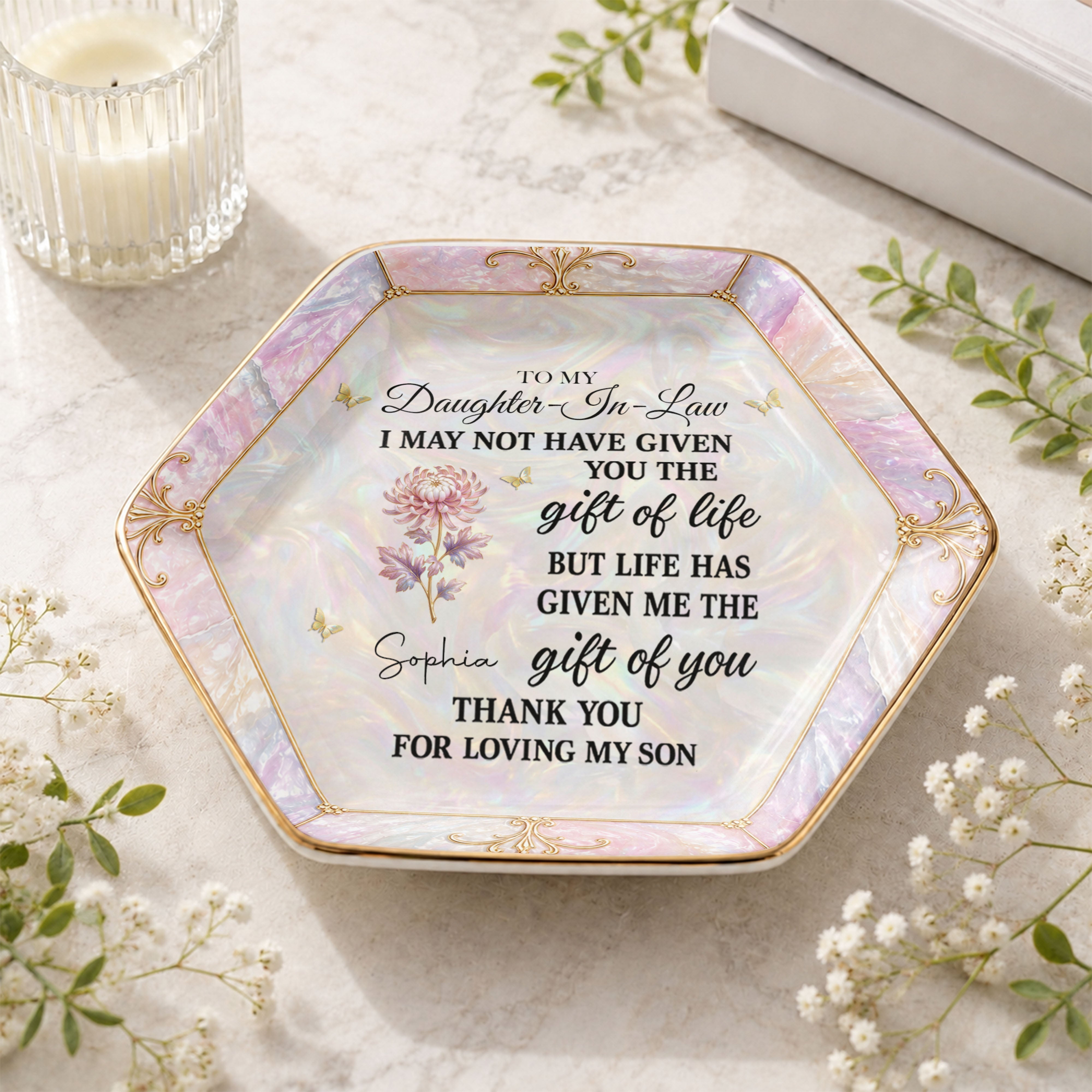 Personalized Hexagonal Ceramic Jewelry Dish Gift for Daughter-In-Law