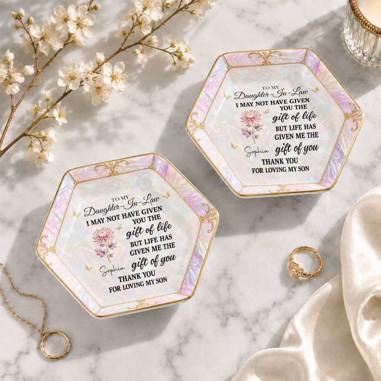 Personalized Hexagonal Ceramic Jewelry Dish Gift for Daughter-In-Law