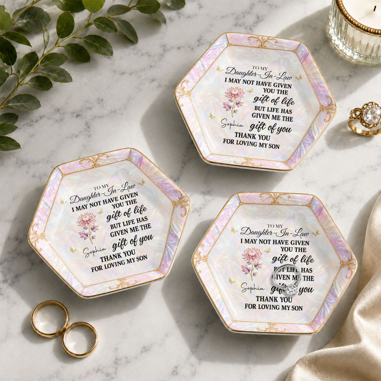 Personalized Hexagonal Ceramic Jewelry Dish Gift for Daughter-In-Law