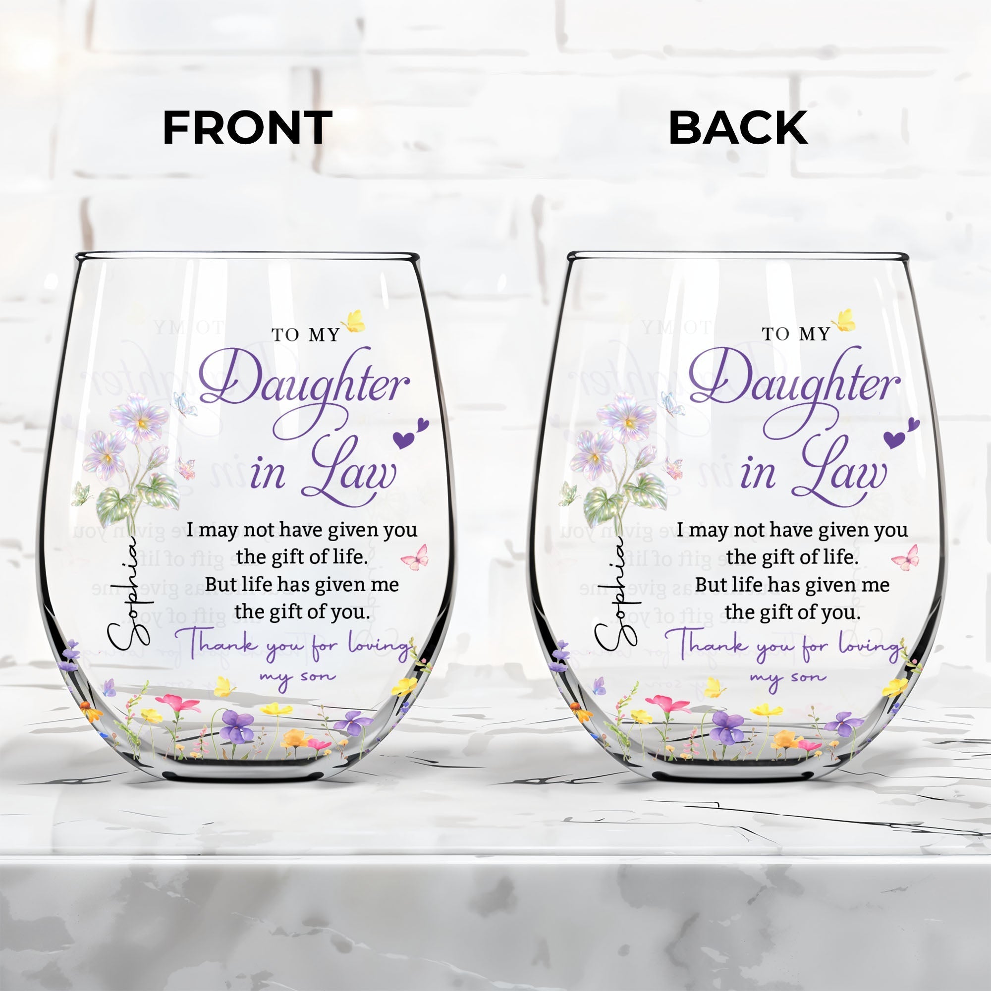 Personalized Stemless Wine Glass Custom Name Gift for Daughter-in-Law