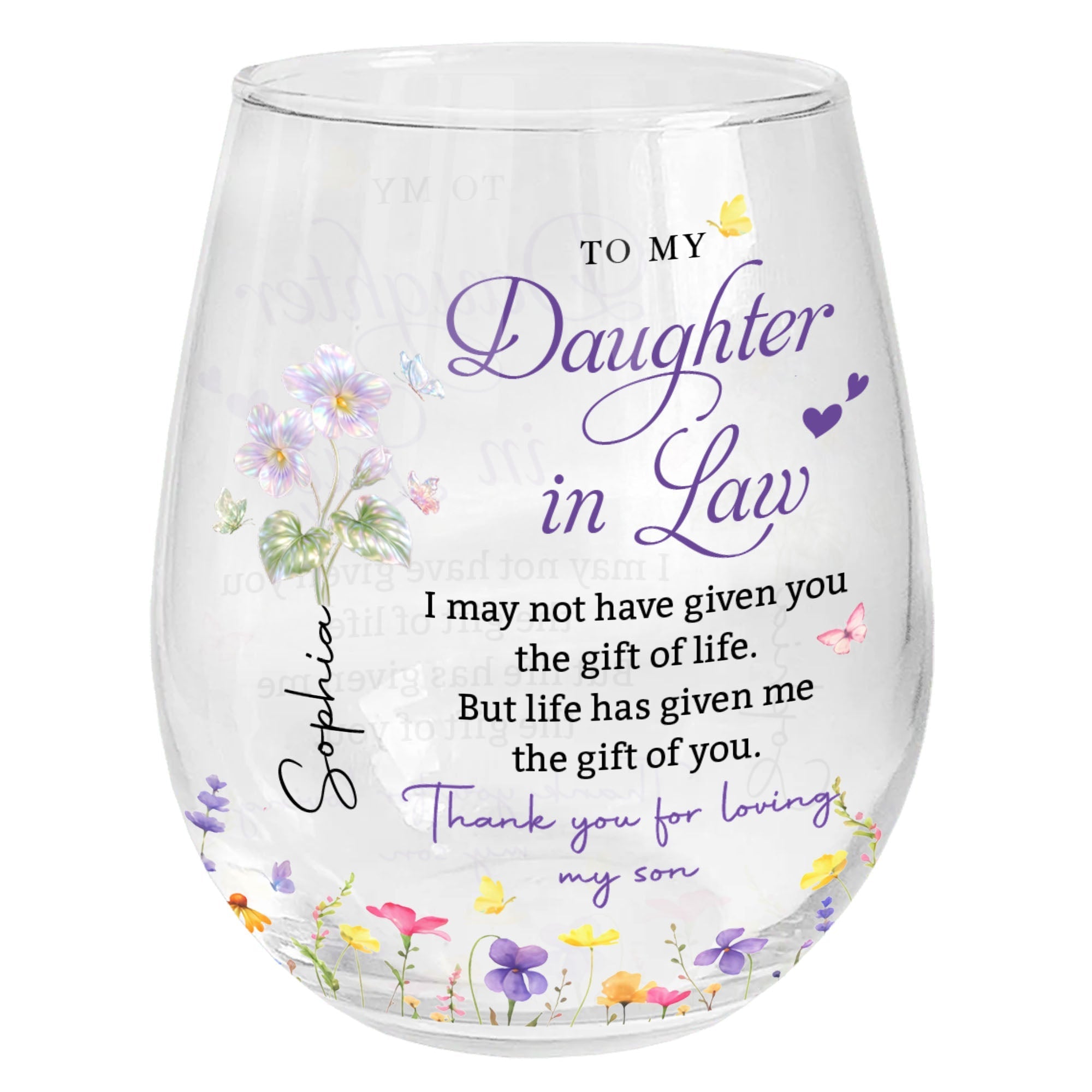Personalized Stemless Wine Glass Custom Name Gift for Daughter-in-Law