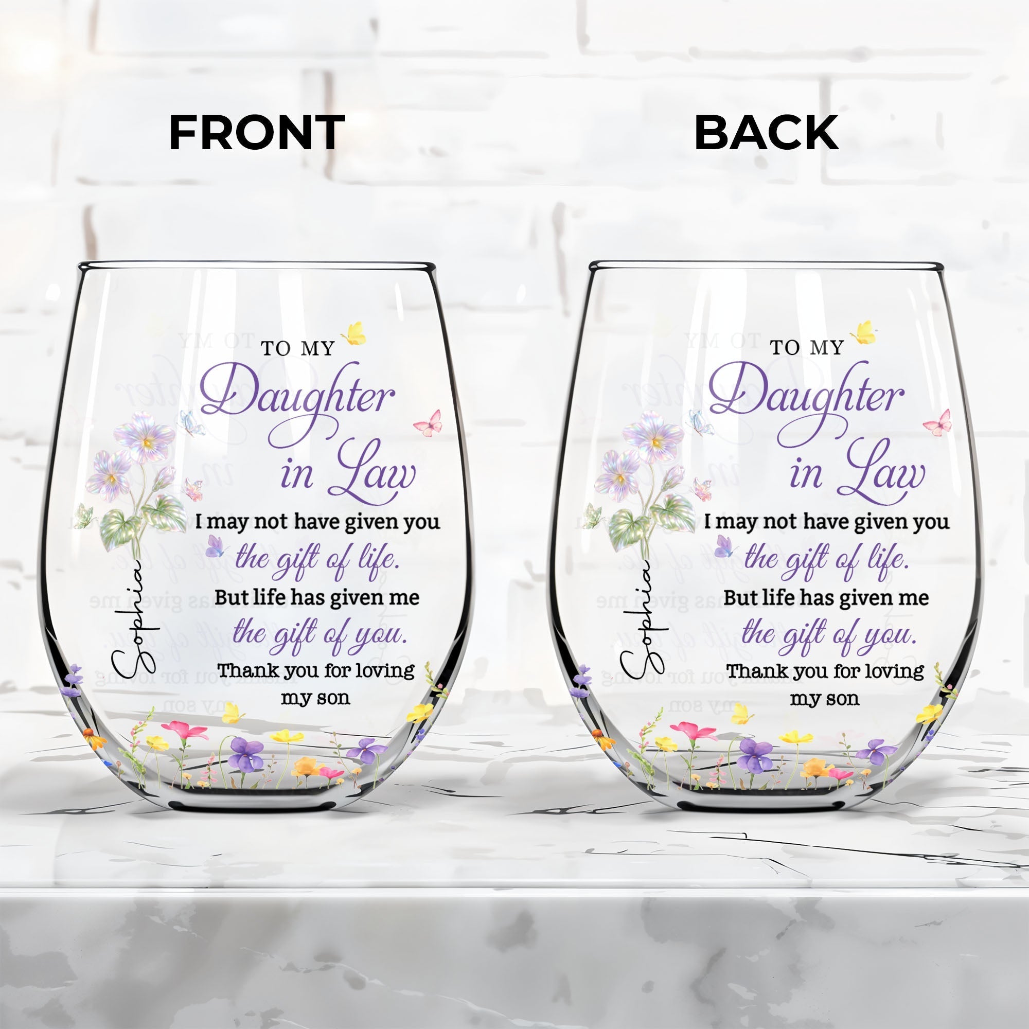 Personalized Stemless Wine Glass Custom Gift for Daughter-in-Law