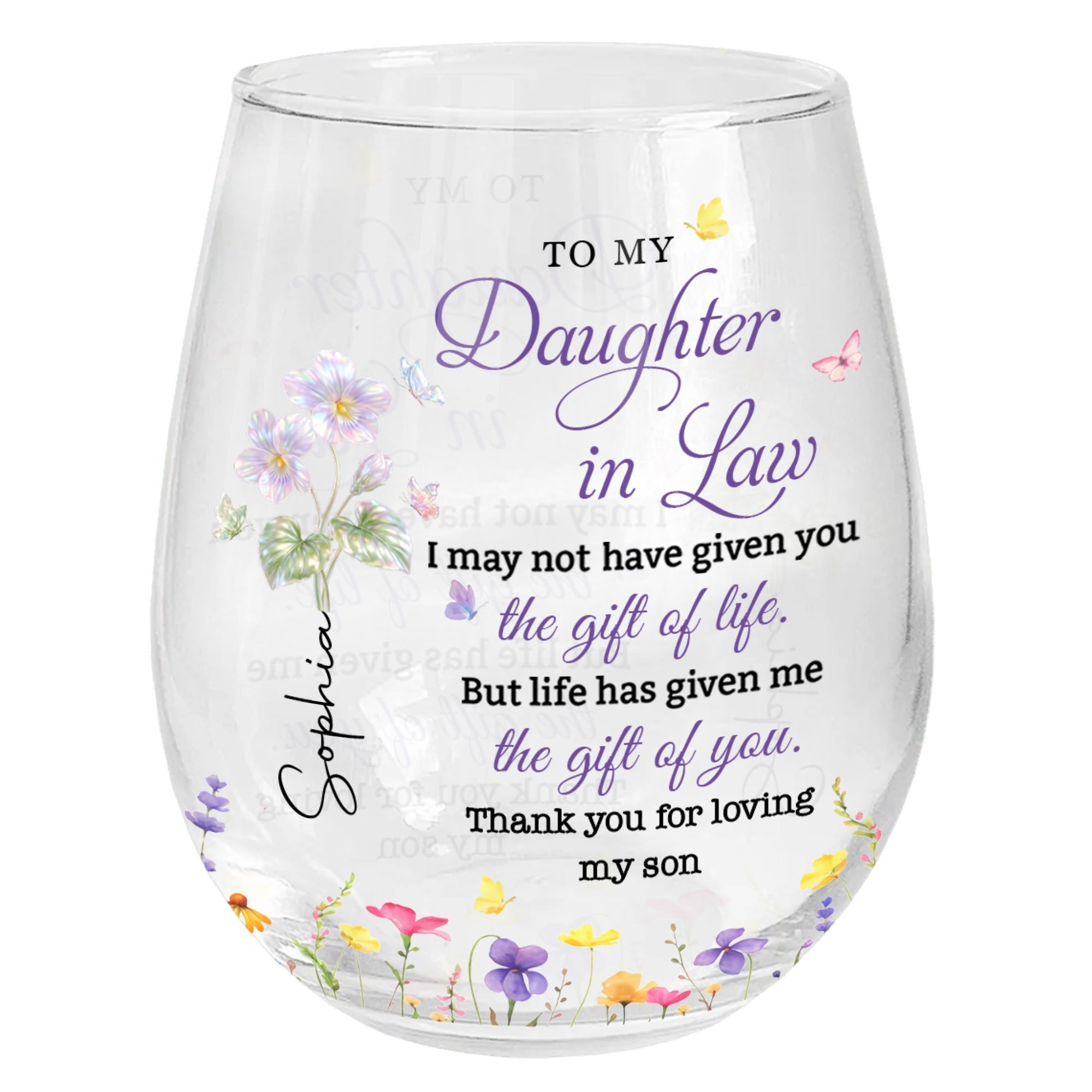 Personalized Stemless Wine Glass Custom Gift for Daughter-in-Law