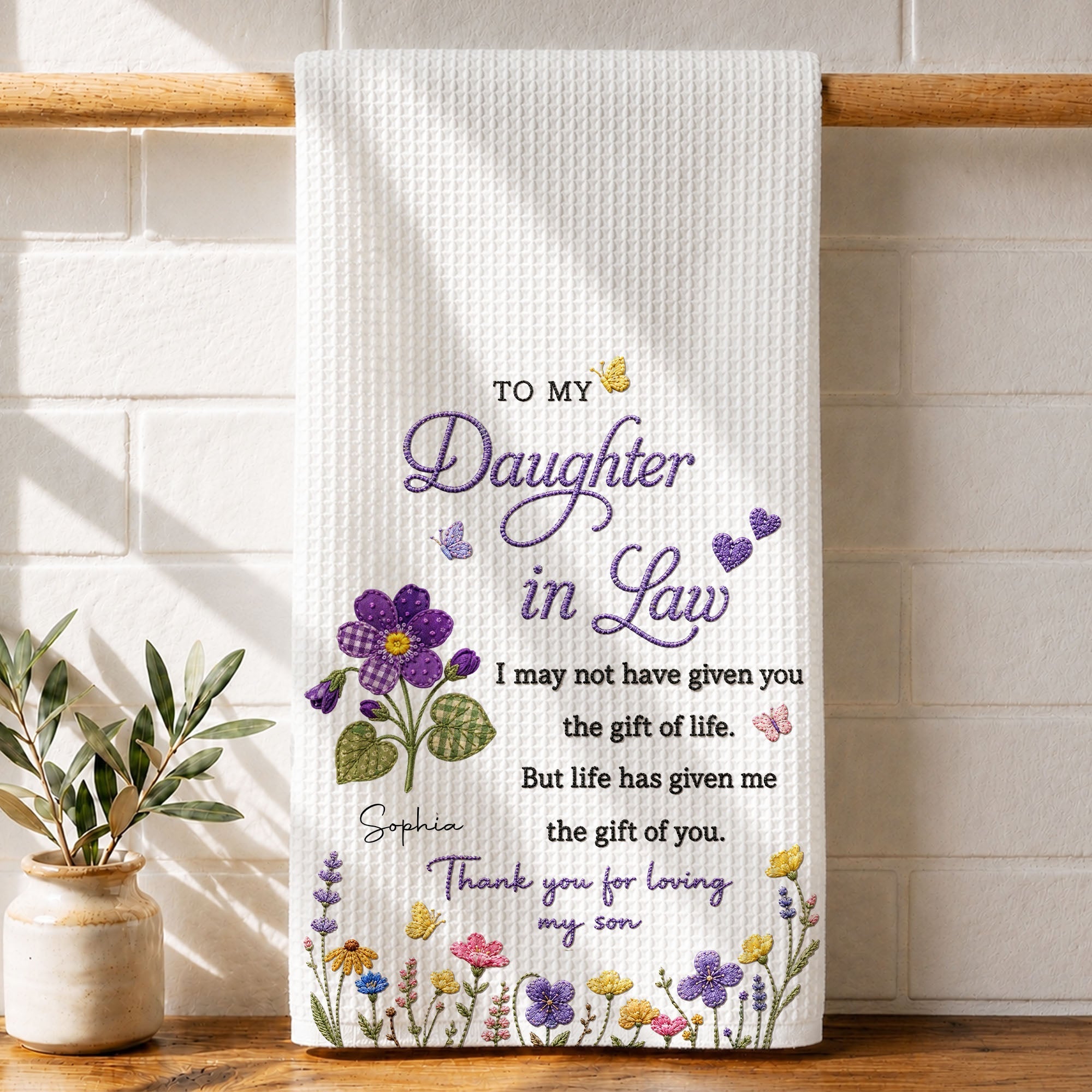 Personalized Kitchen Towel Gift for Daughter-in-Law with Flowers