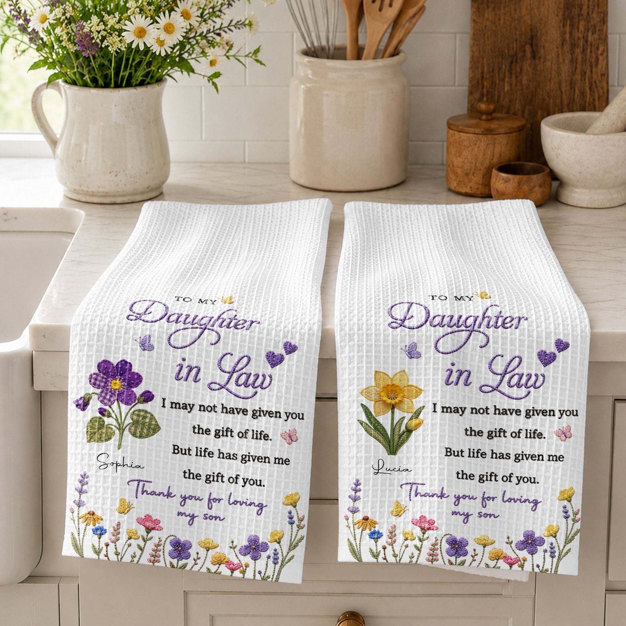 Personalized Kitchen Towel Gift for Daughter-in-Law with Flowers