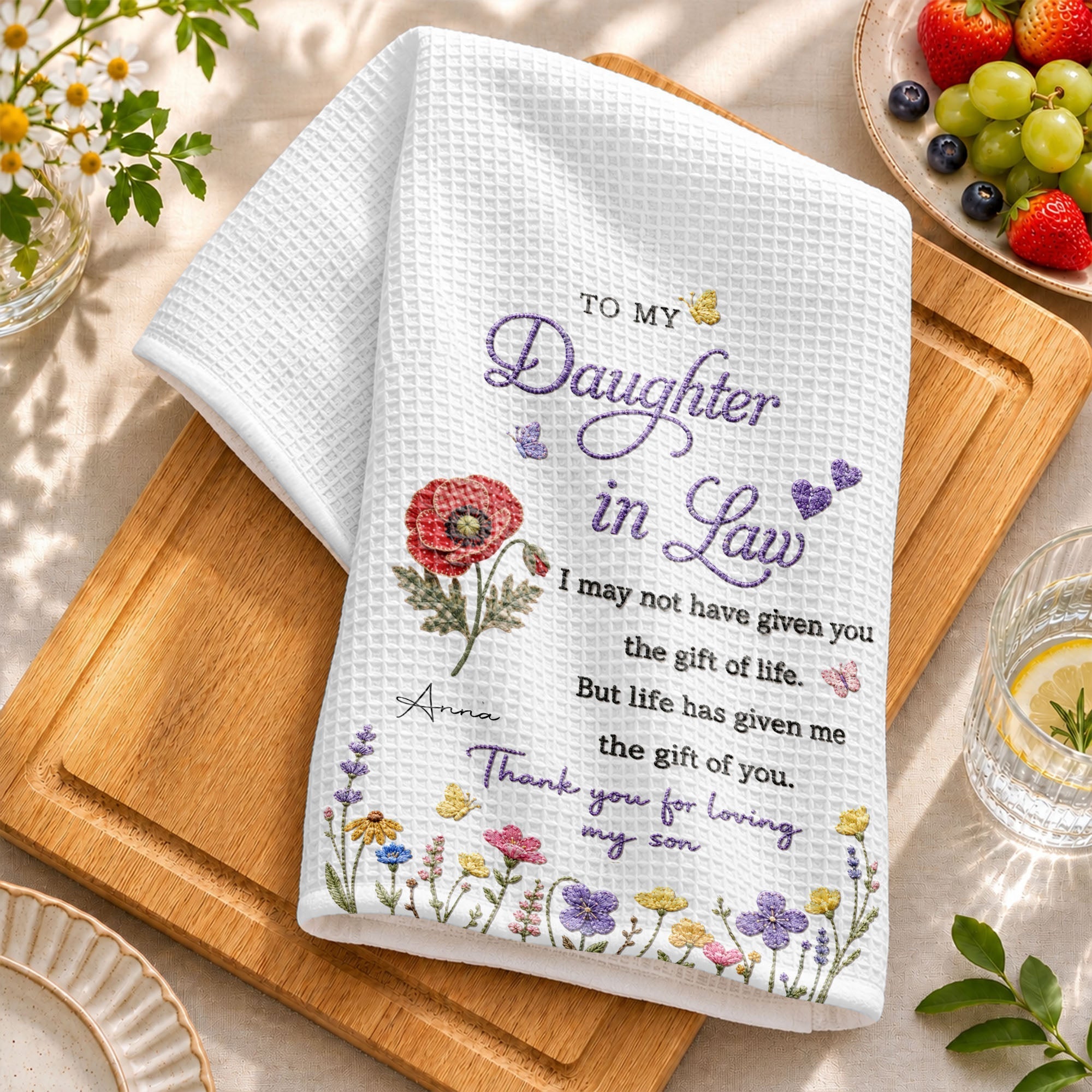 Personalized Kitchen Towel Gift for Daughter-in-Law with Flowers