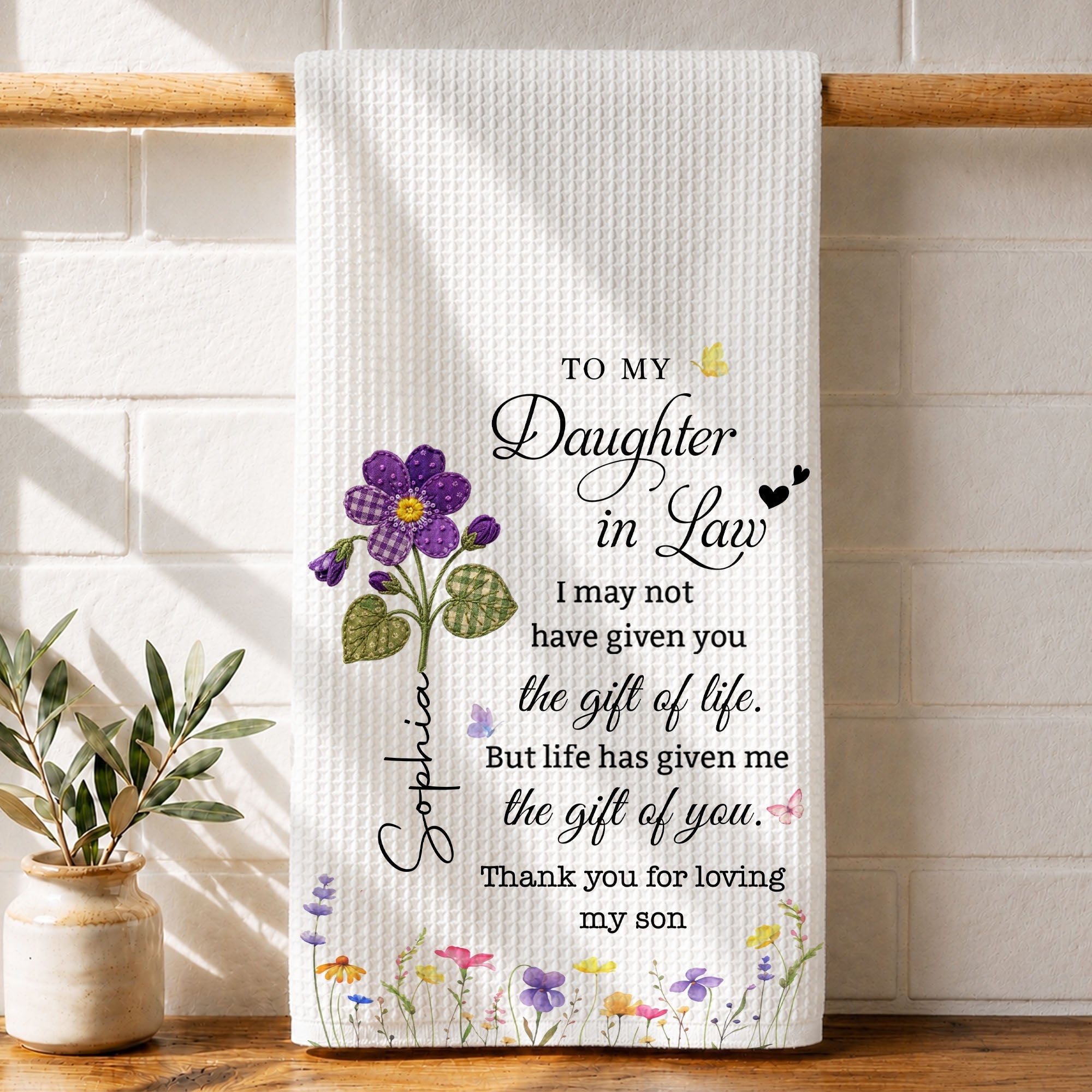 Personalized Birth Month Flower Kitchen Towel Gift for Daughter-in-Law