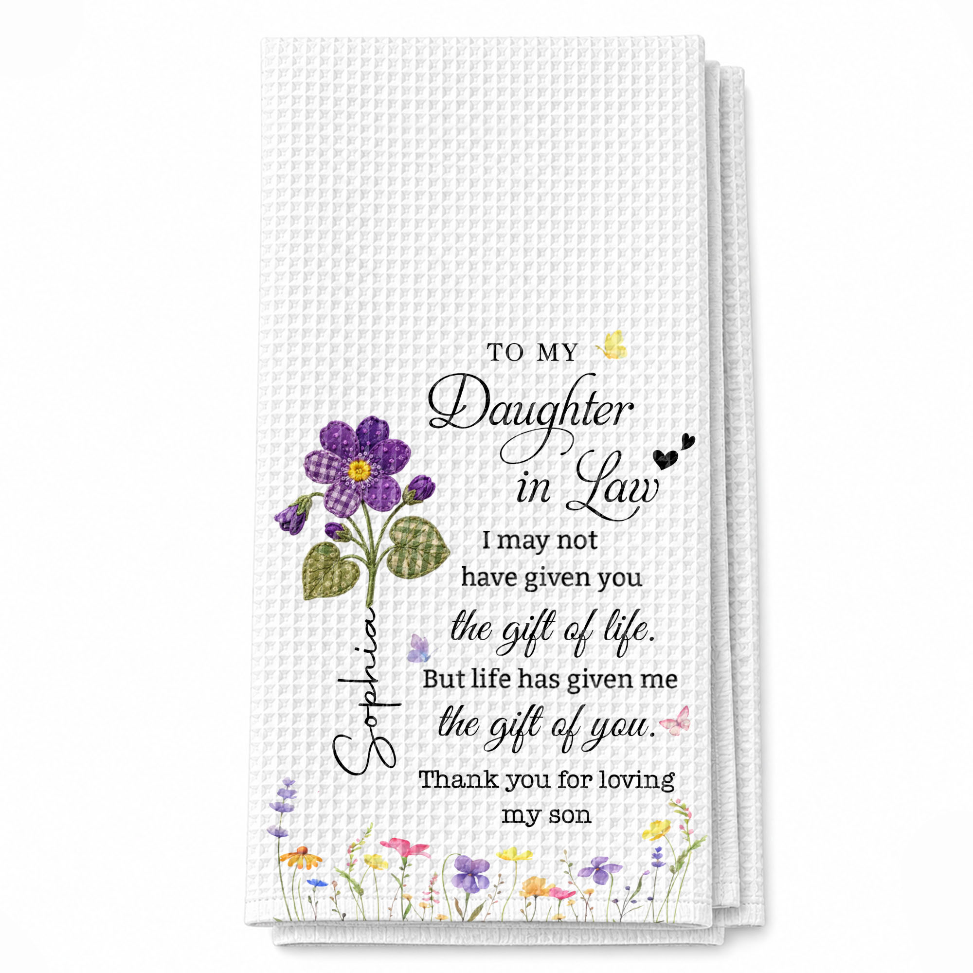 Personalized Birth Month Flower Kitchen Towel Gift for Daughter-in-Law