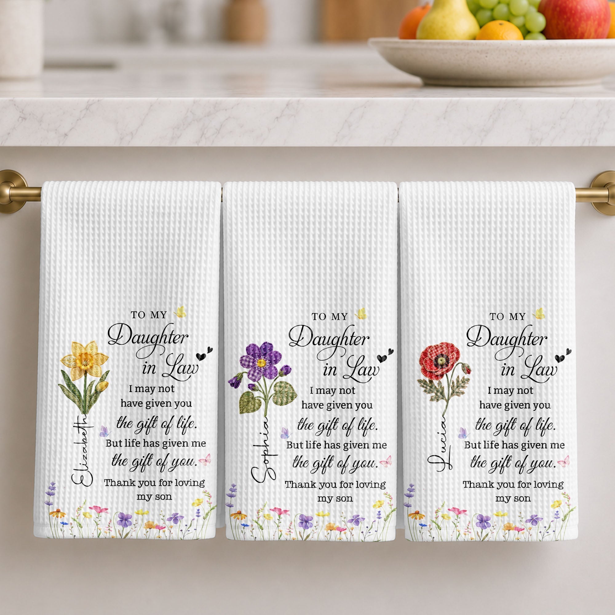 Personalized Birth Month Flower Kitchen Towel Gift for Daughter-in-Law