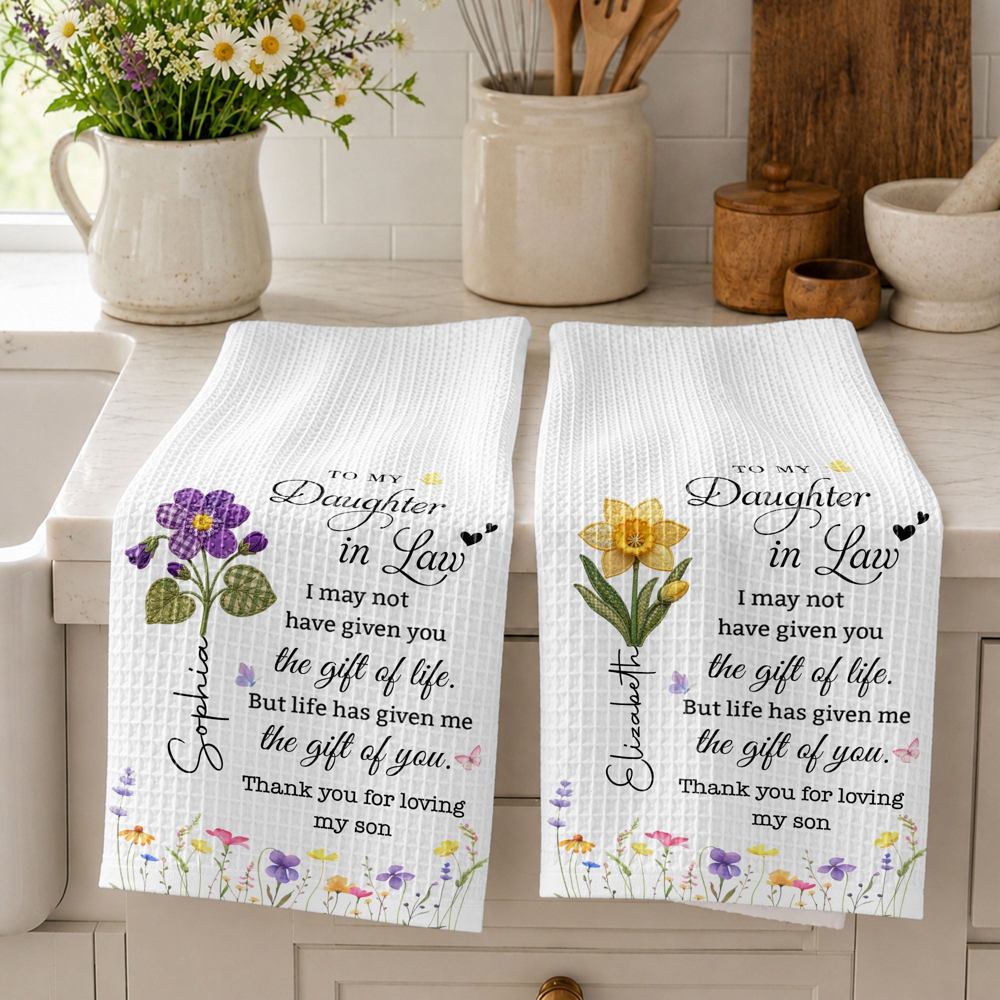 Personalized Birth Month Flower Kitchen Towel Gift for Daughter-in-Law