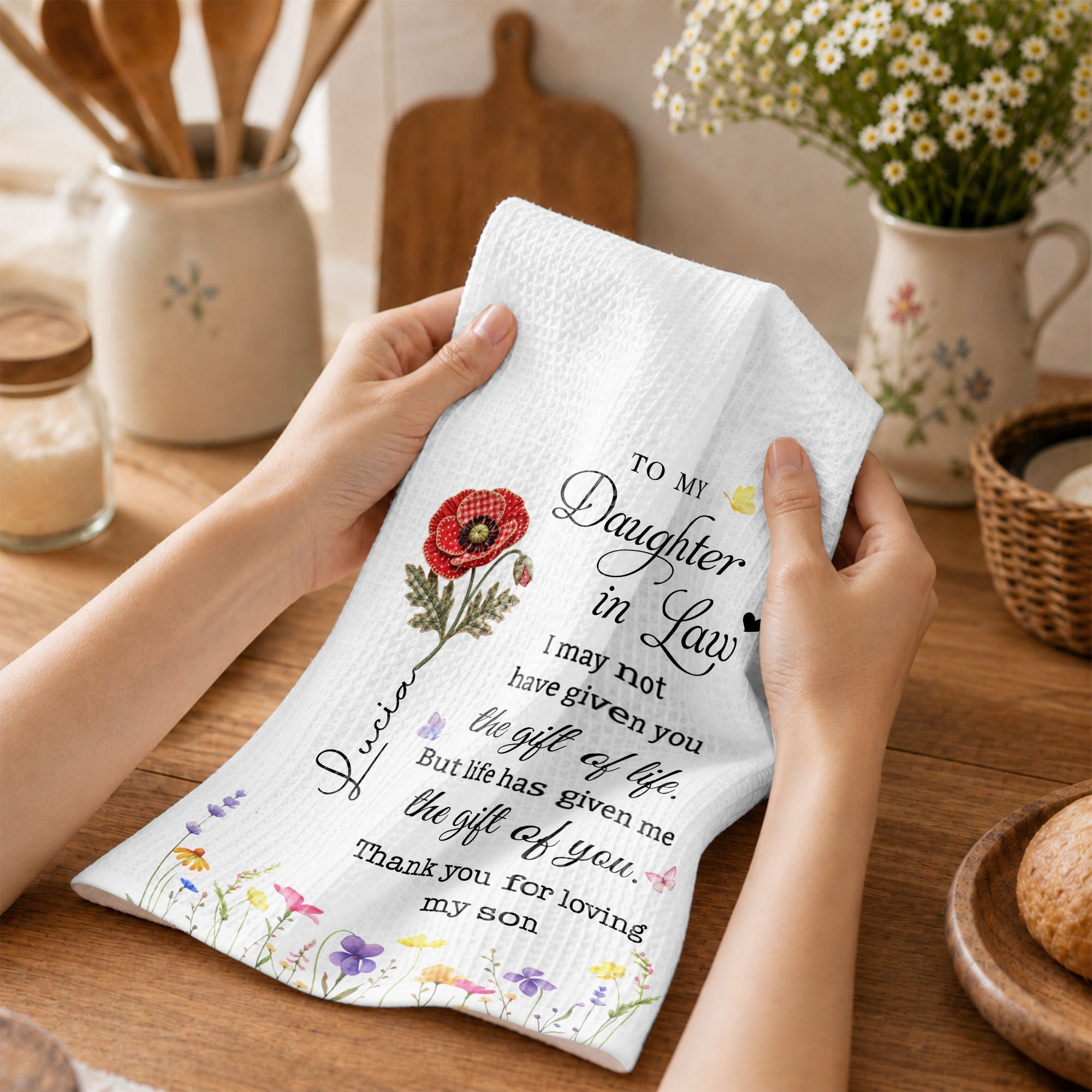 Personalized Birth Month Flower Kitchen Towel Gift for Daughter-in-Law