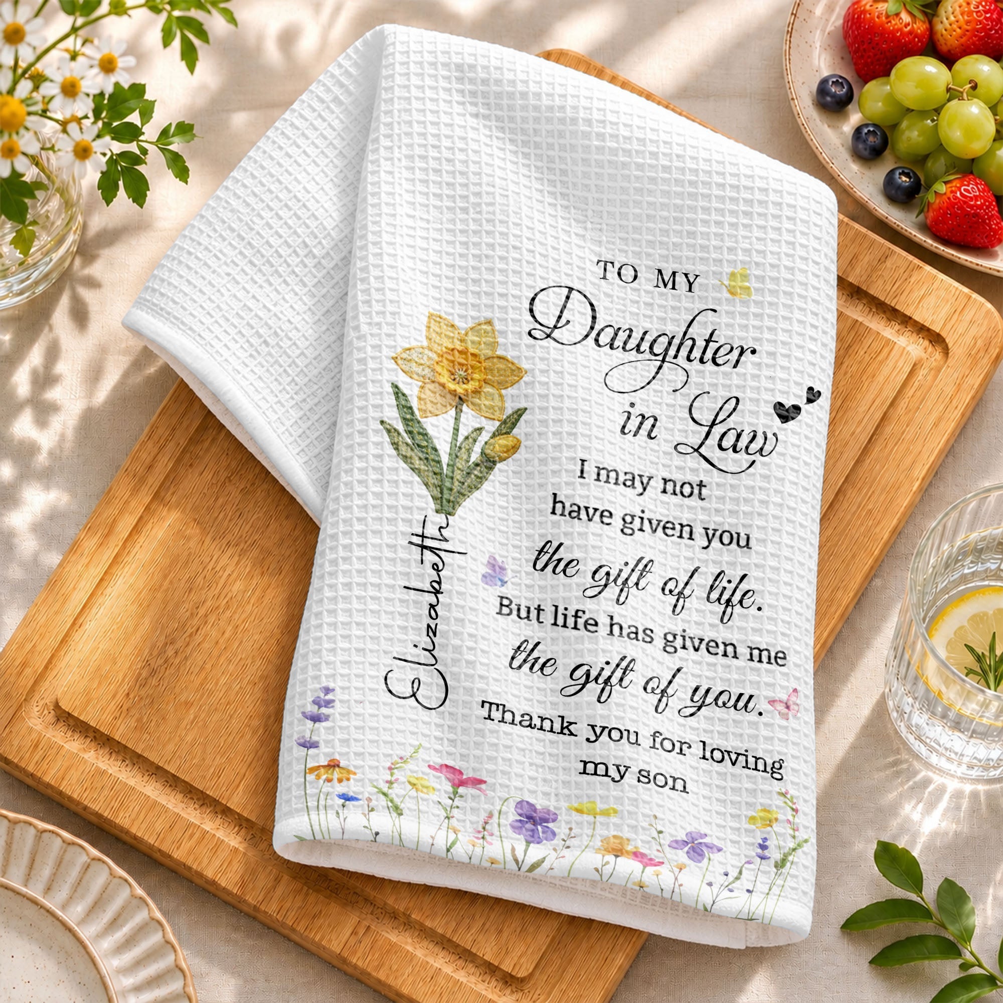 Personalized Birth Month Flower Kitchen Towel Gift for Daughter-in-Law