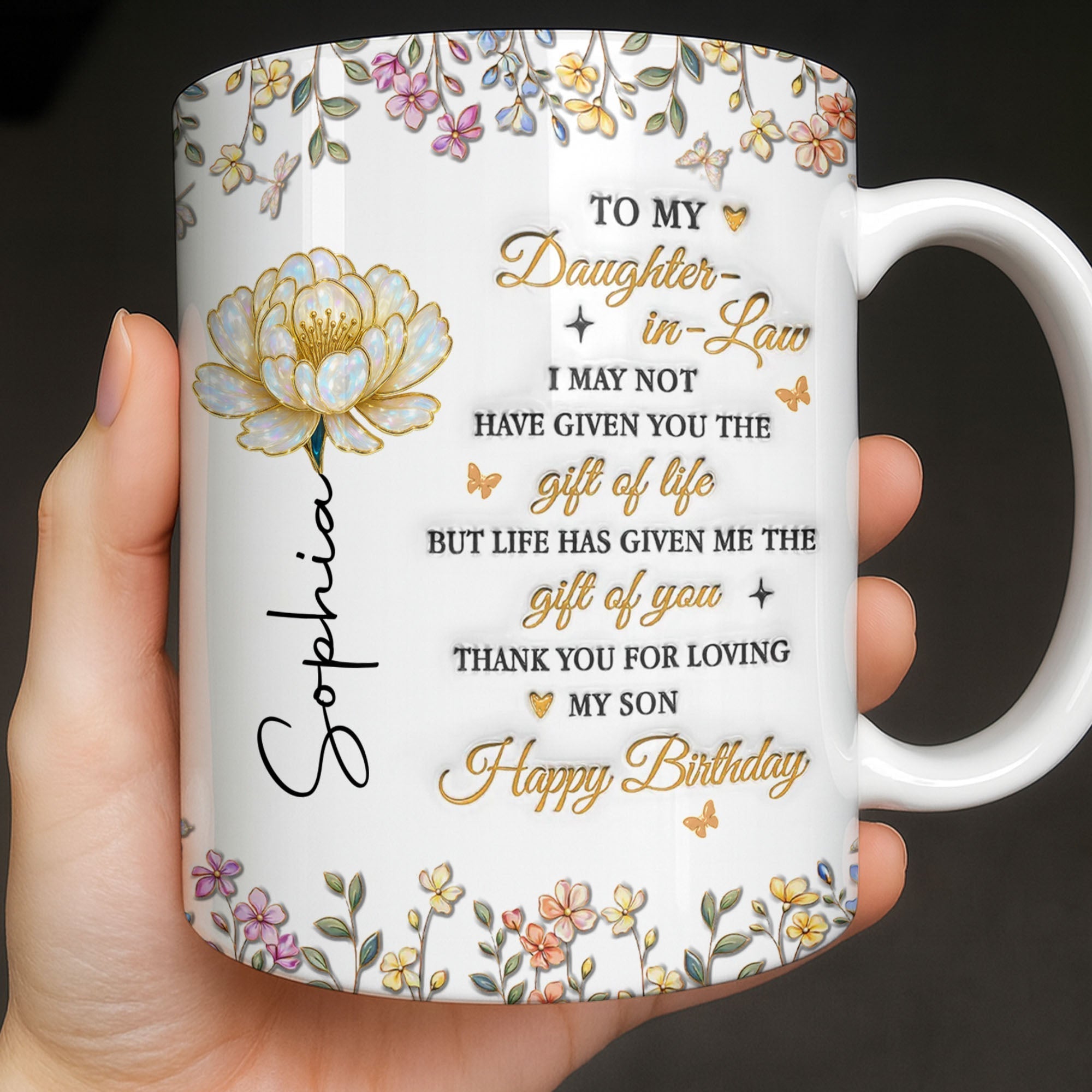 Personalized Coffee Mug Custom Floral Design Gift for Daughter-in-Law