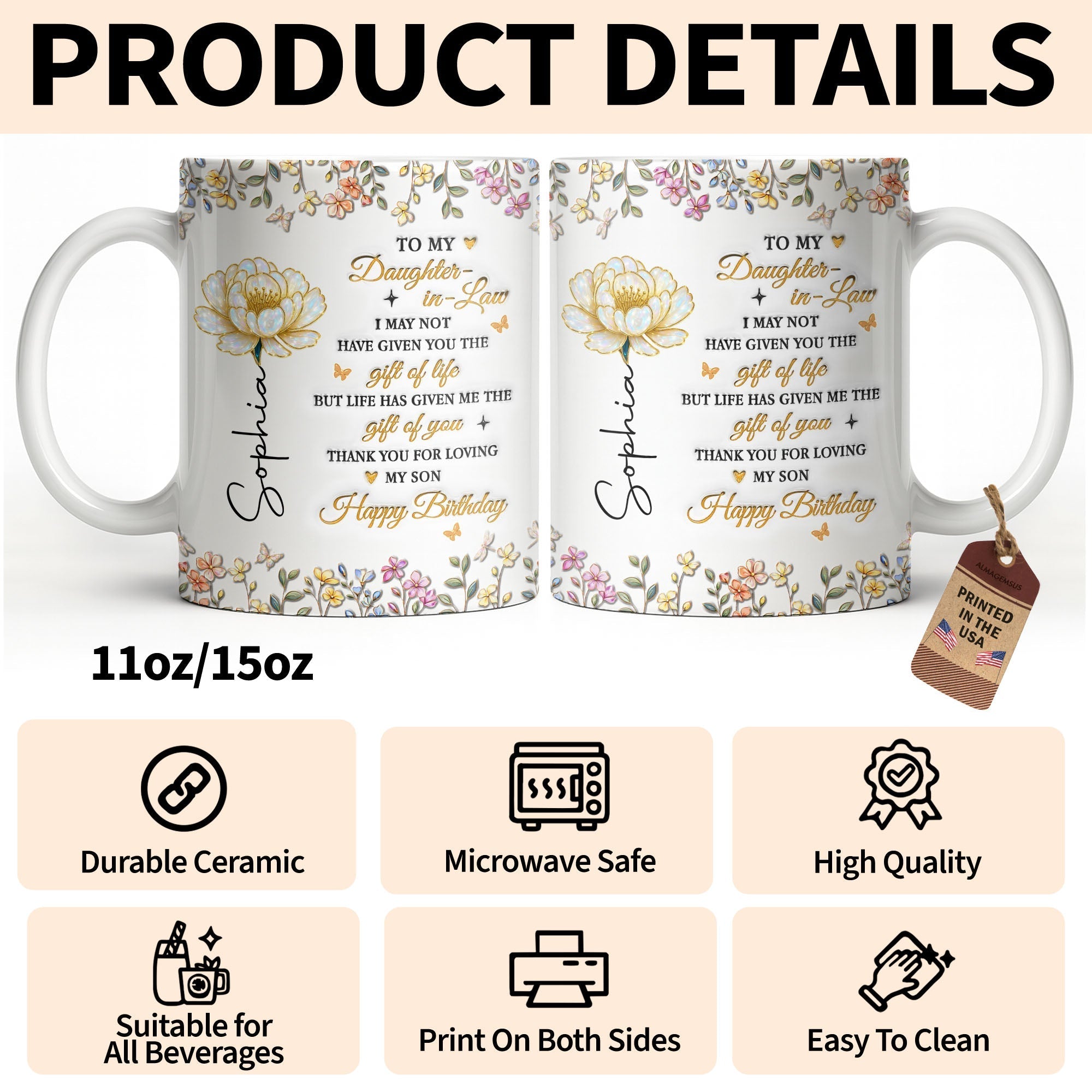 Personalized Coffee Mug Custom Floral Design Gift for Daughter-in-Law